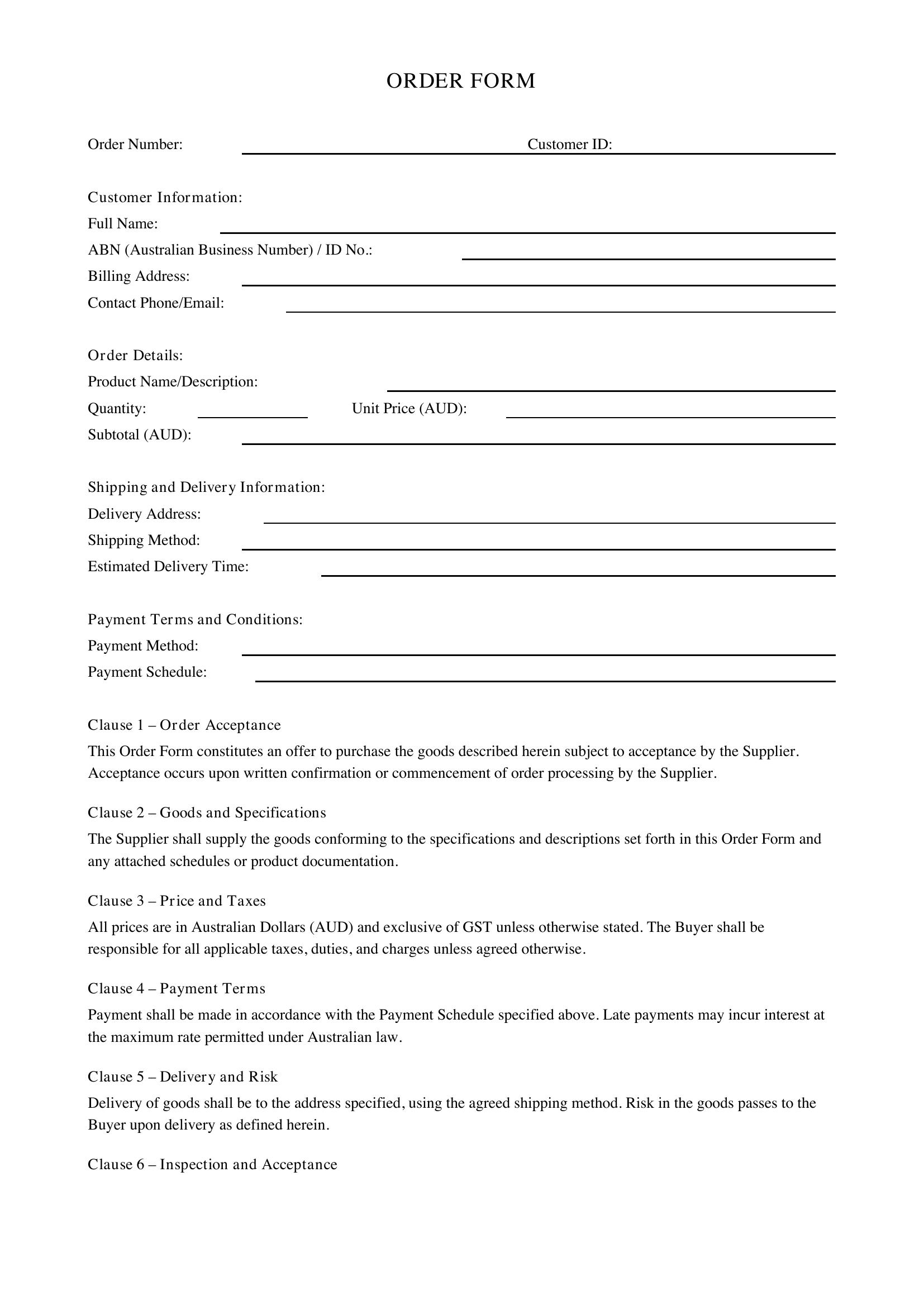 Order Form Template - Australia