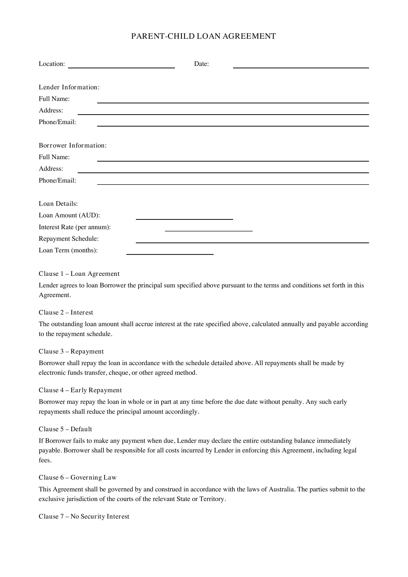 Parent Child Loan Agreement Template - Australia