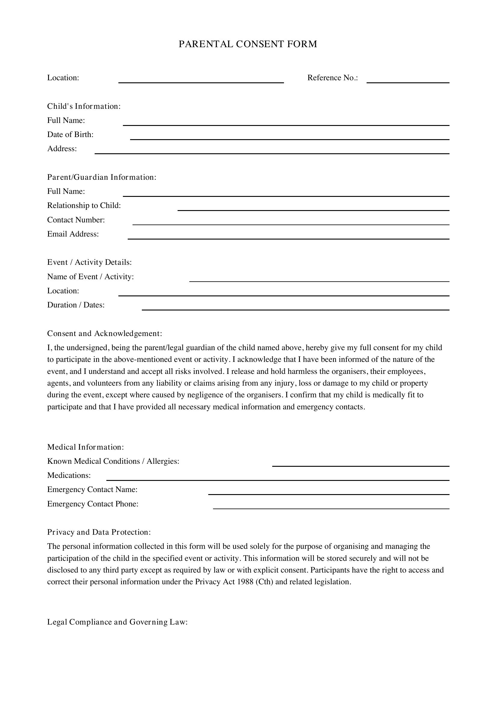 Parental Consent Form Template - Australia