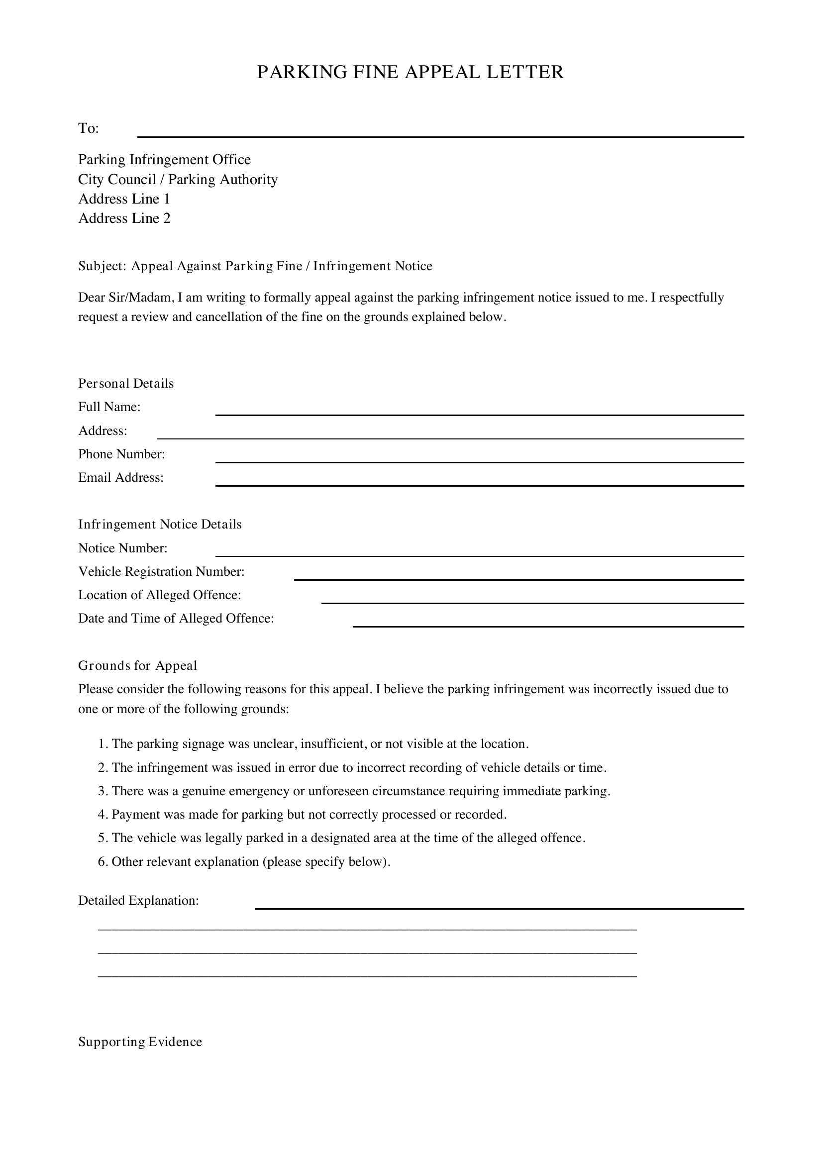 Parking Fine Appeal Letter Template - Australia