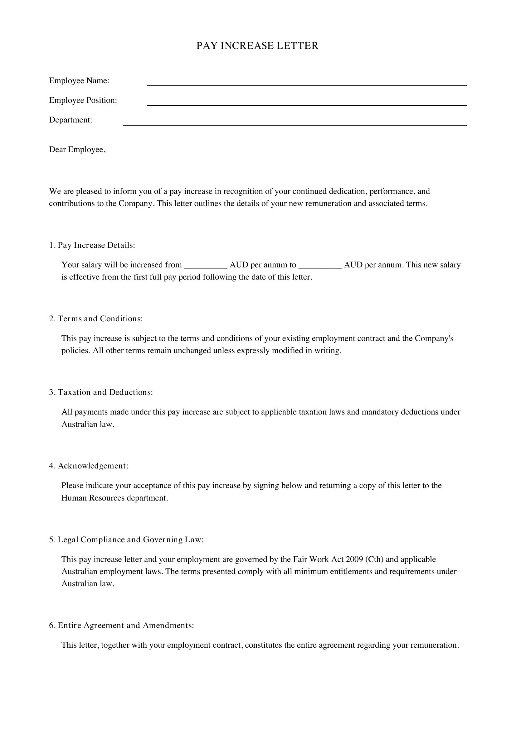 Pay Increase Letter Template - Australia