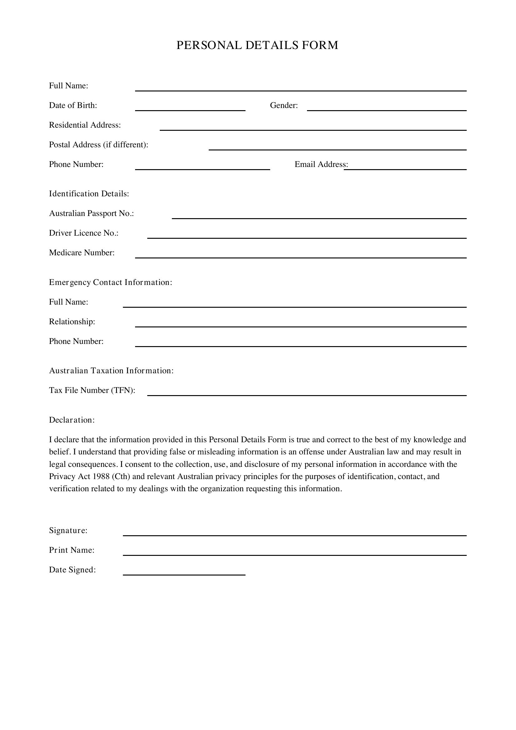 Personal Details Form Template - Australia
