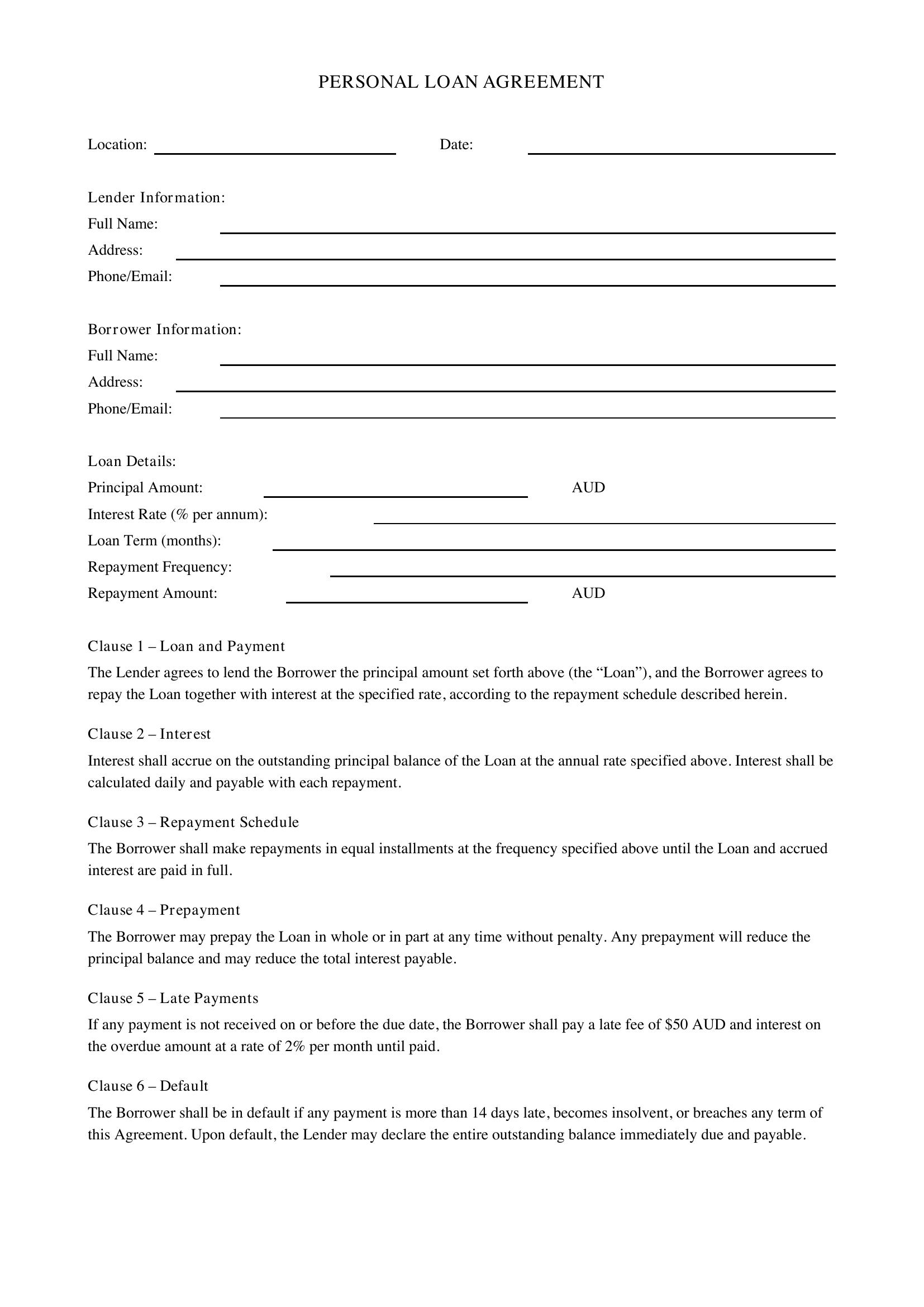 Personal Loan Agreement Template - Australia