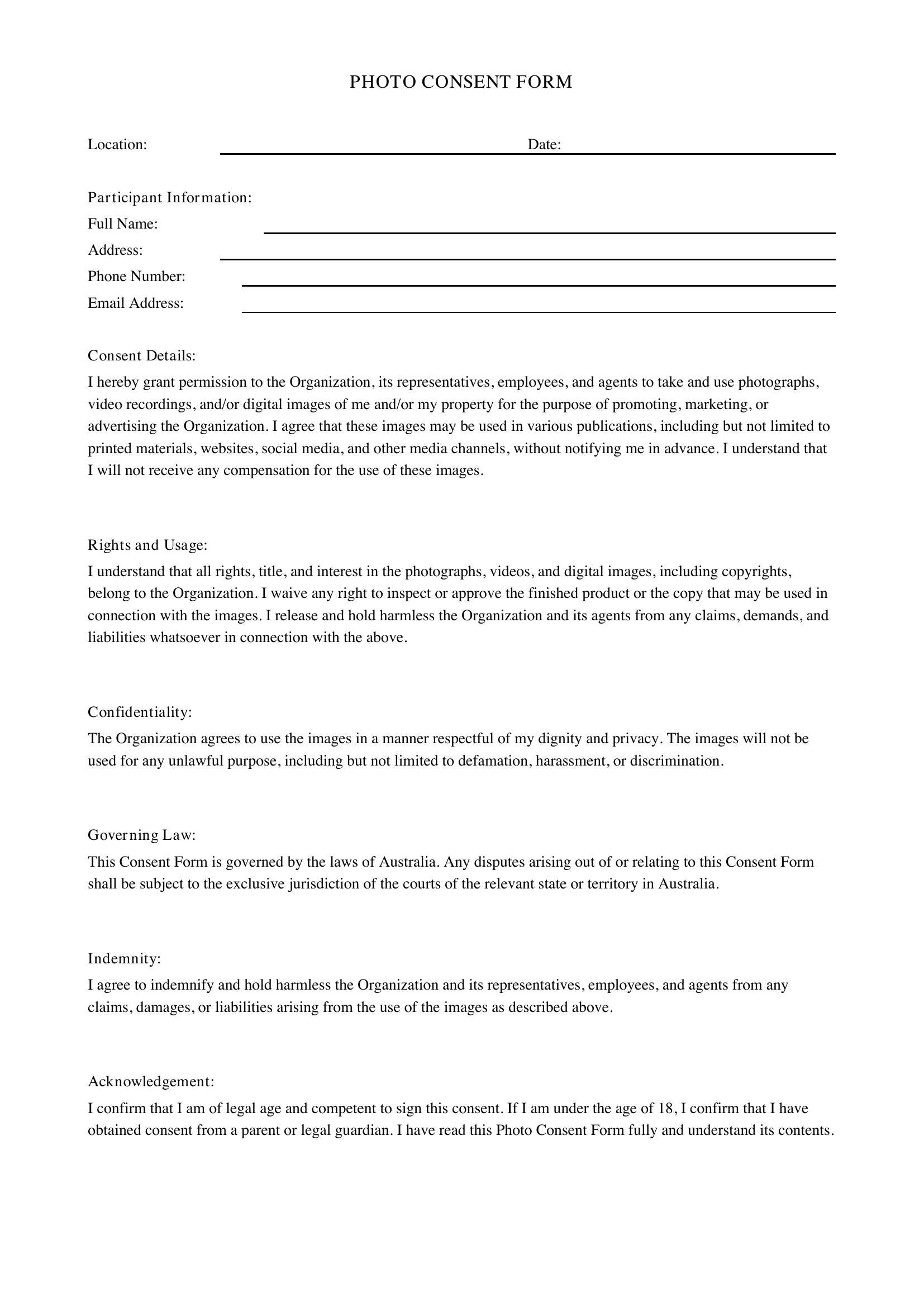 Photo Consent Form Template - Australia