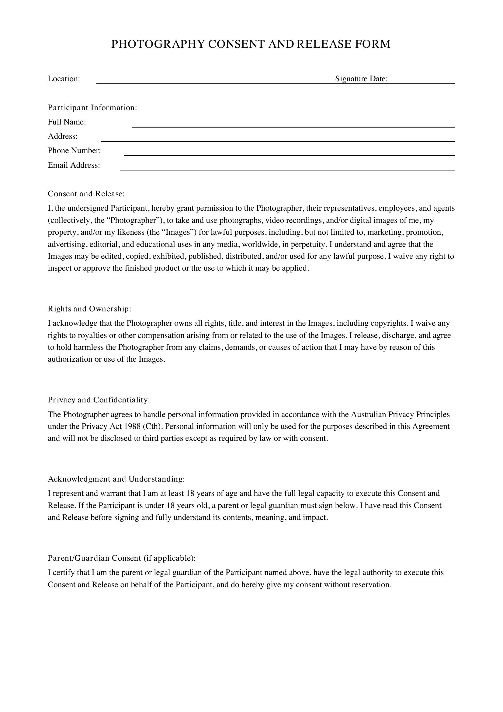 Photography Consent Form Template - Australia