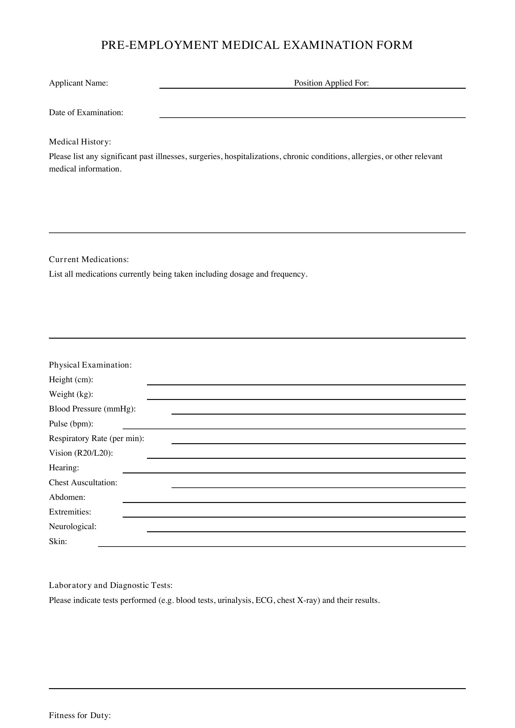 Pre Employment Medical Form Template - Australia