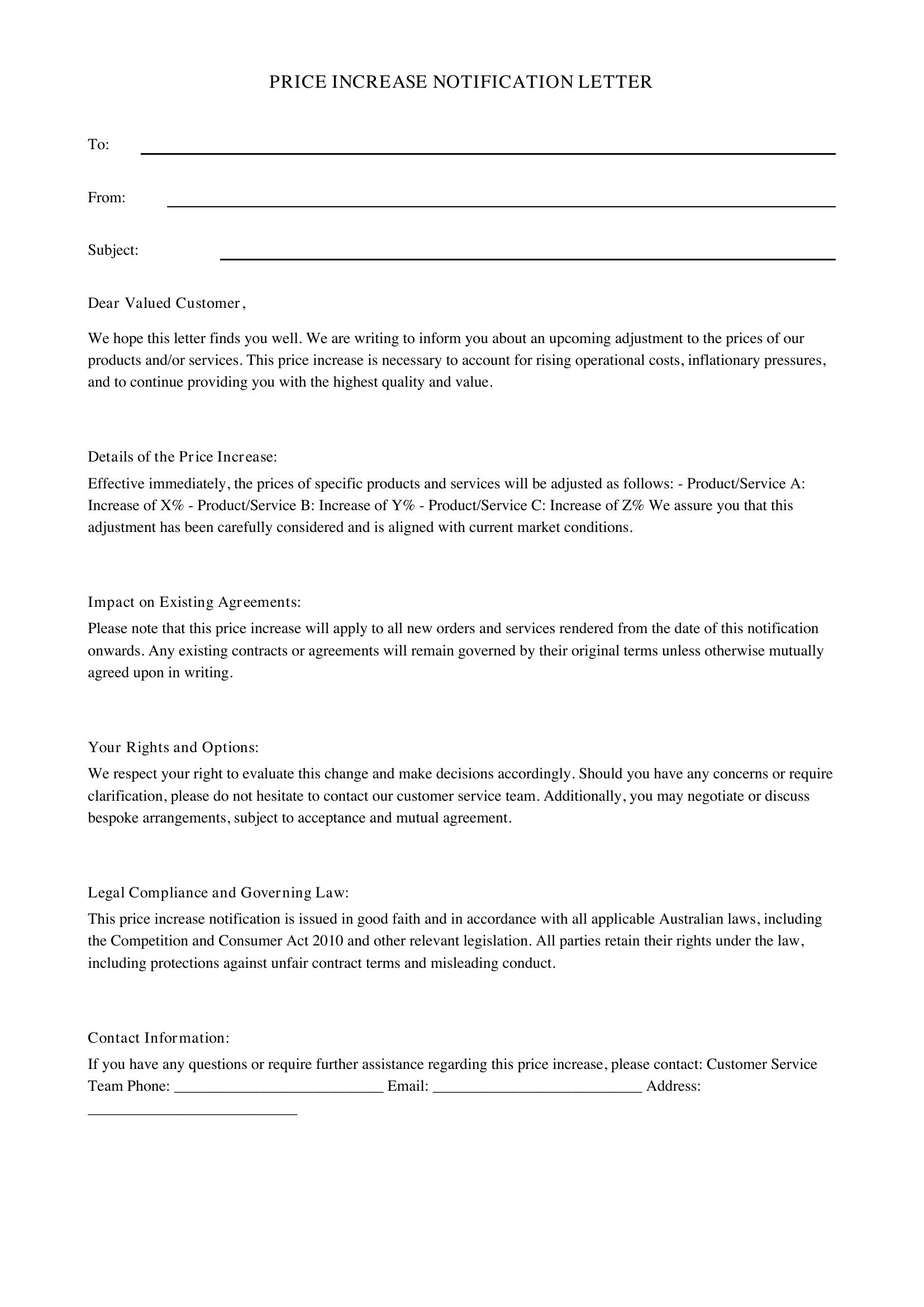 Price Increase Letter Template - Australia