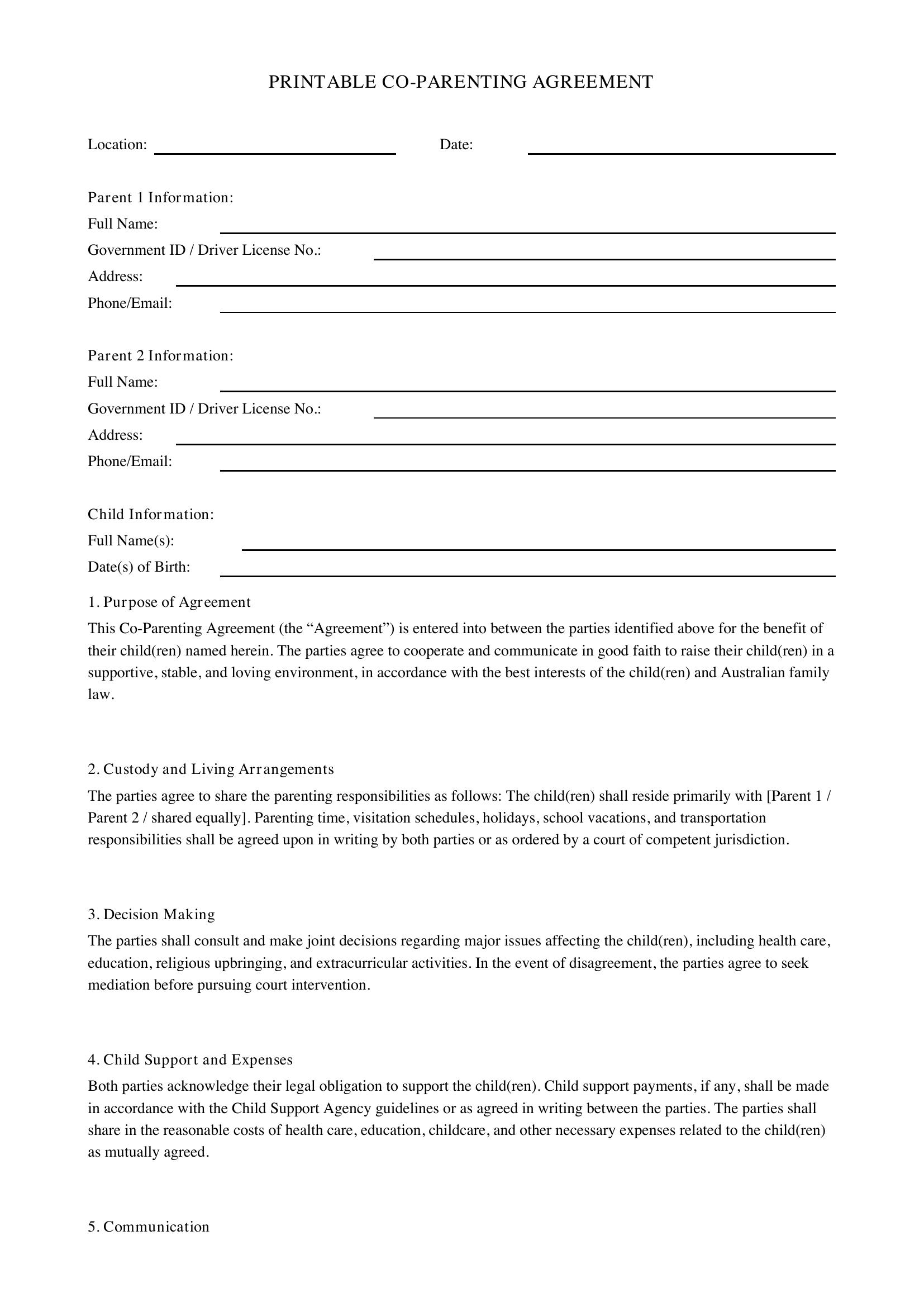 Printable Co Parenting Agreement Template - Australia