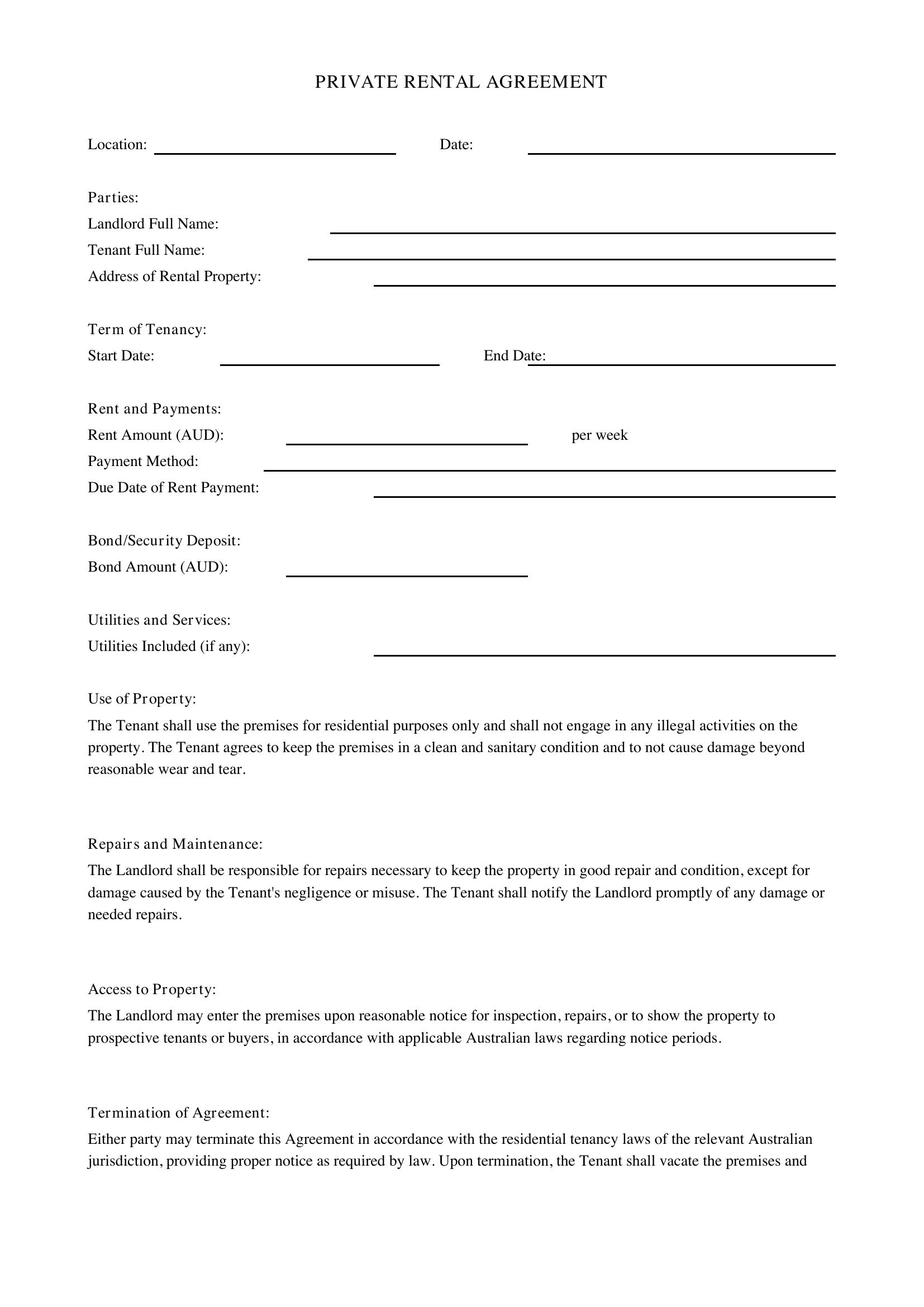 Printable Private Rental Agreement Template - Australia