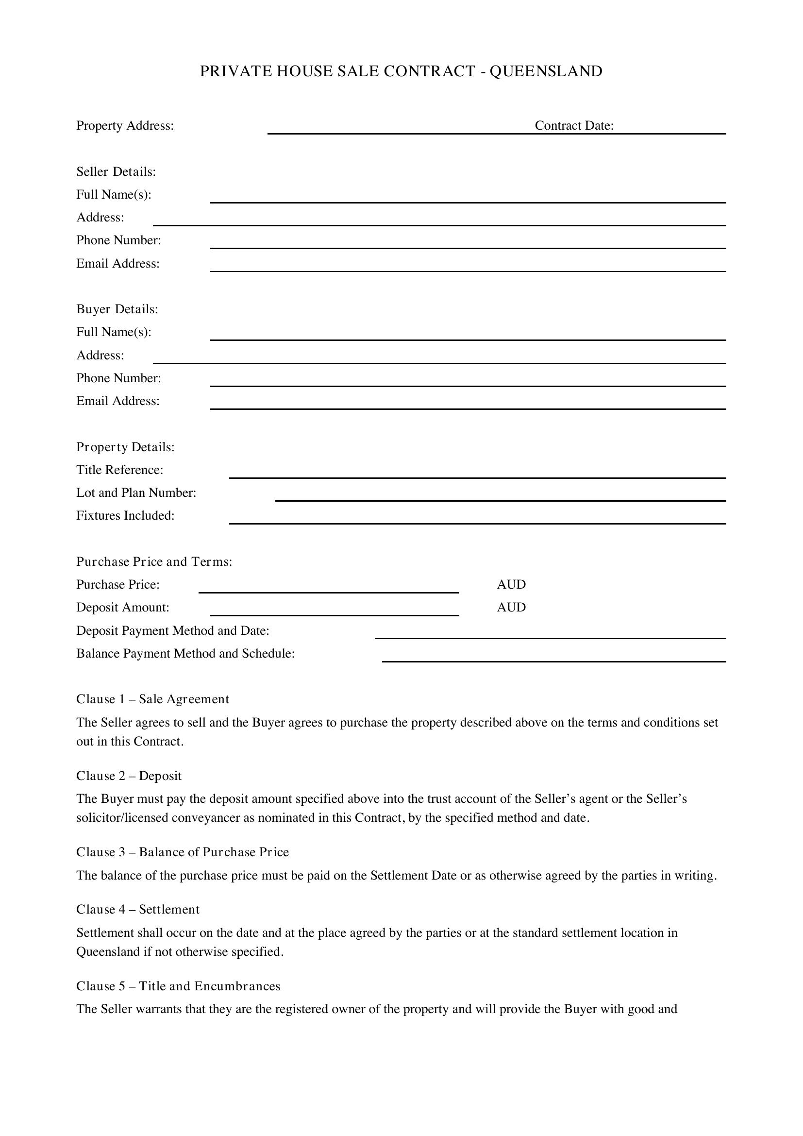 Private House Sale Contract Qld Template - Australia