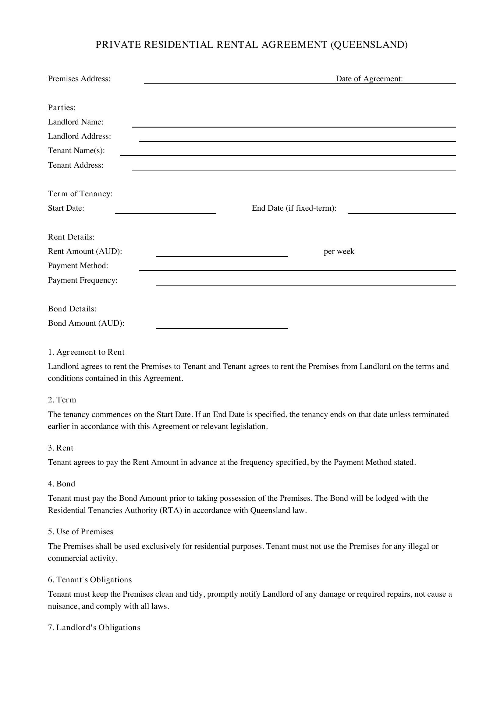 Private Rental Agreement Qld Template - Australia