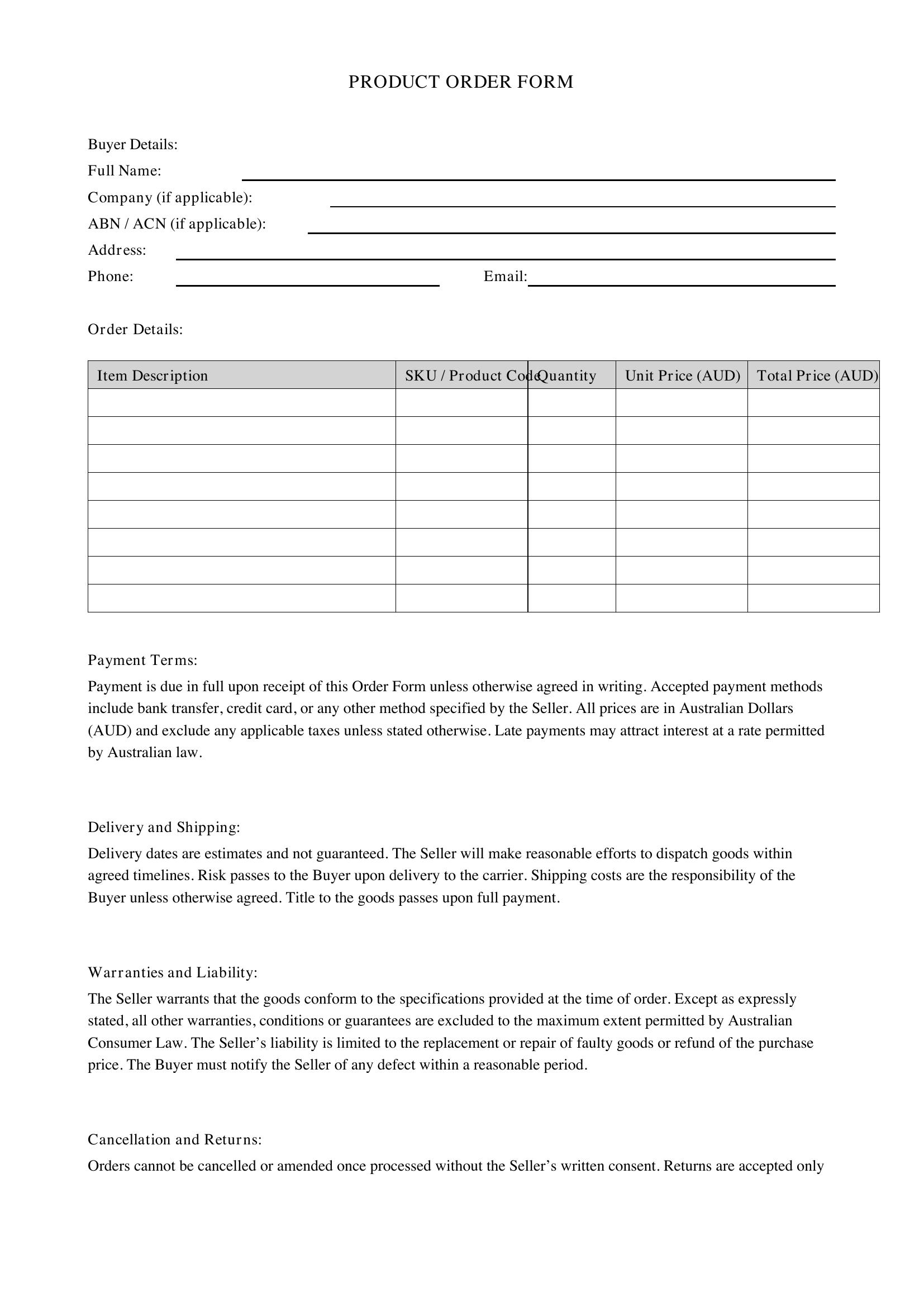 Product Order Form Template - Australia