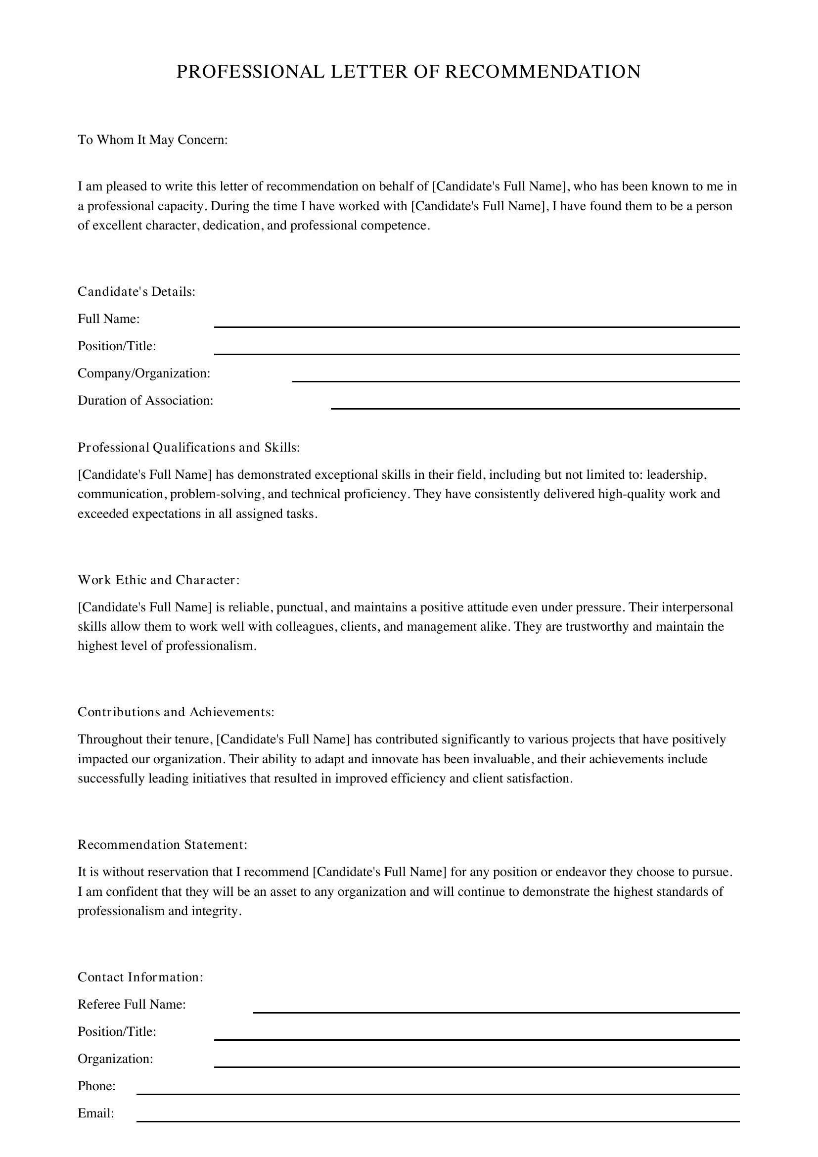 Professional Letter Of Recommendation Template - Australia