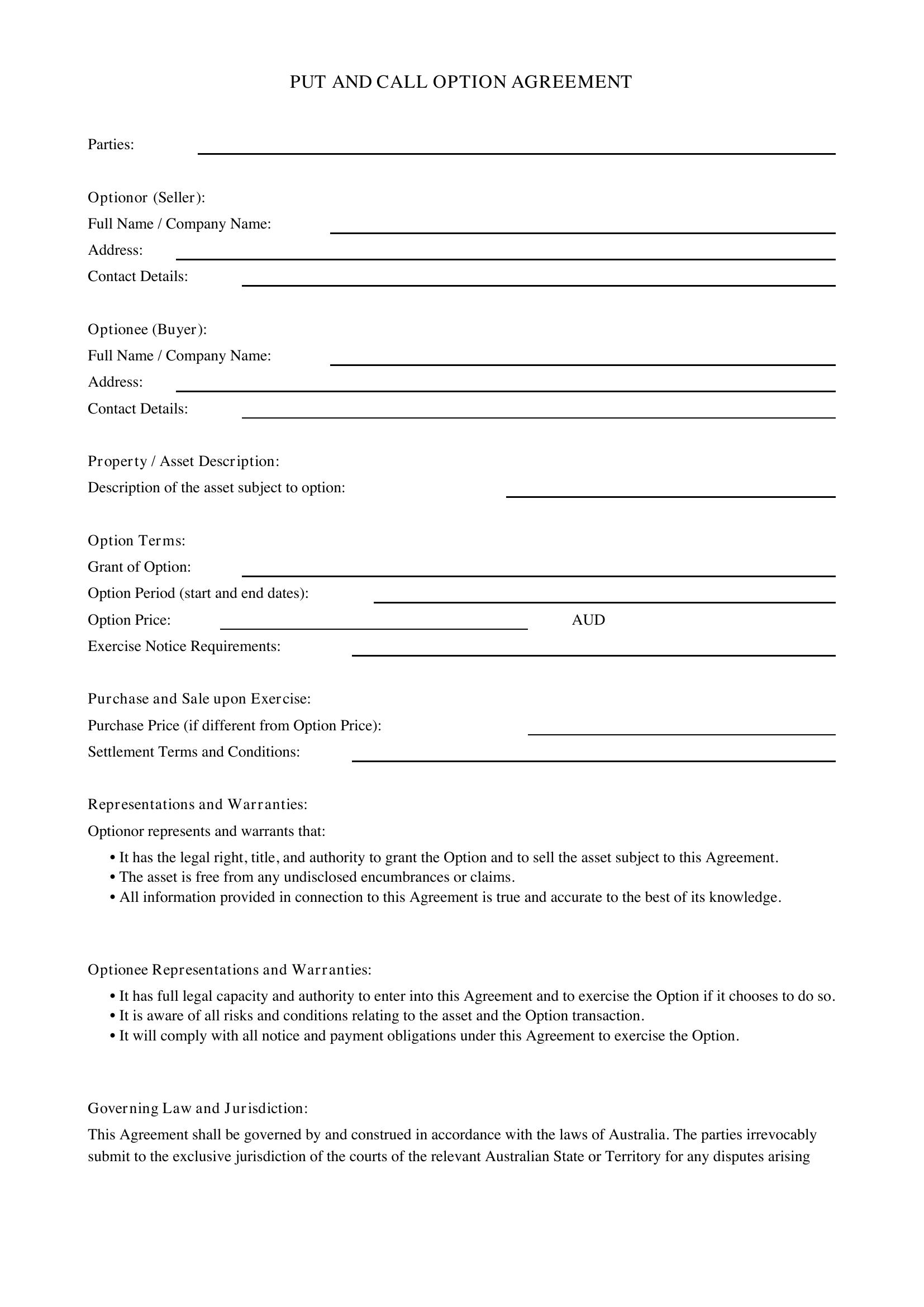 Put And Call Option Agreement Template - Australia