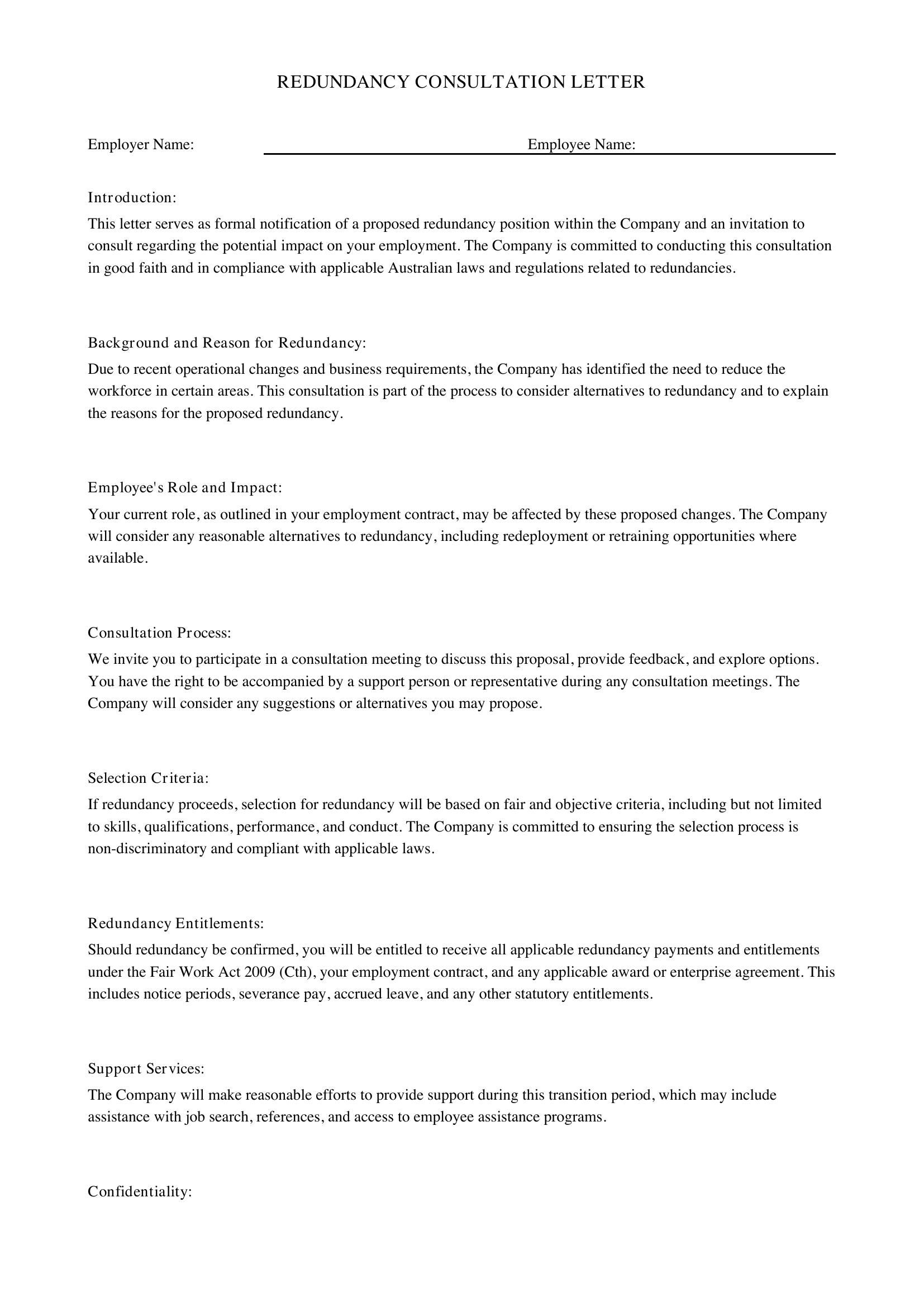 Redundancy Consultation Letter Template - Australia