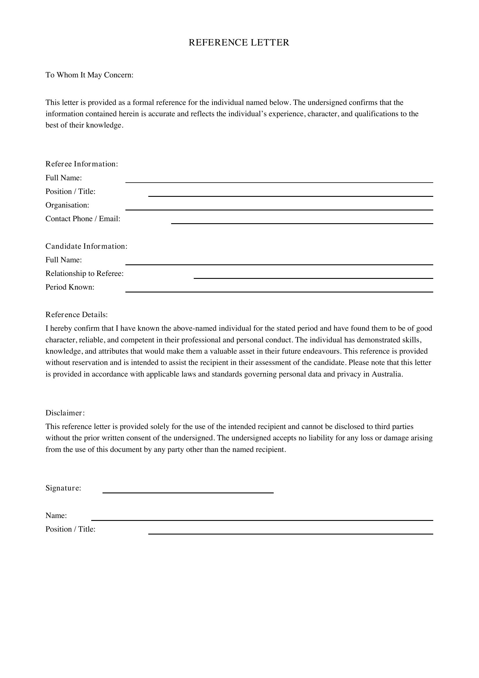 Reference Letter Template - Australia