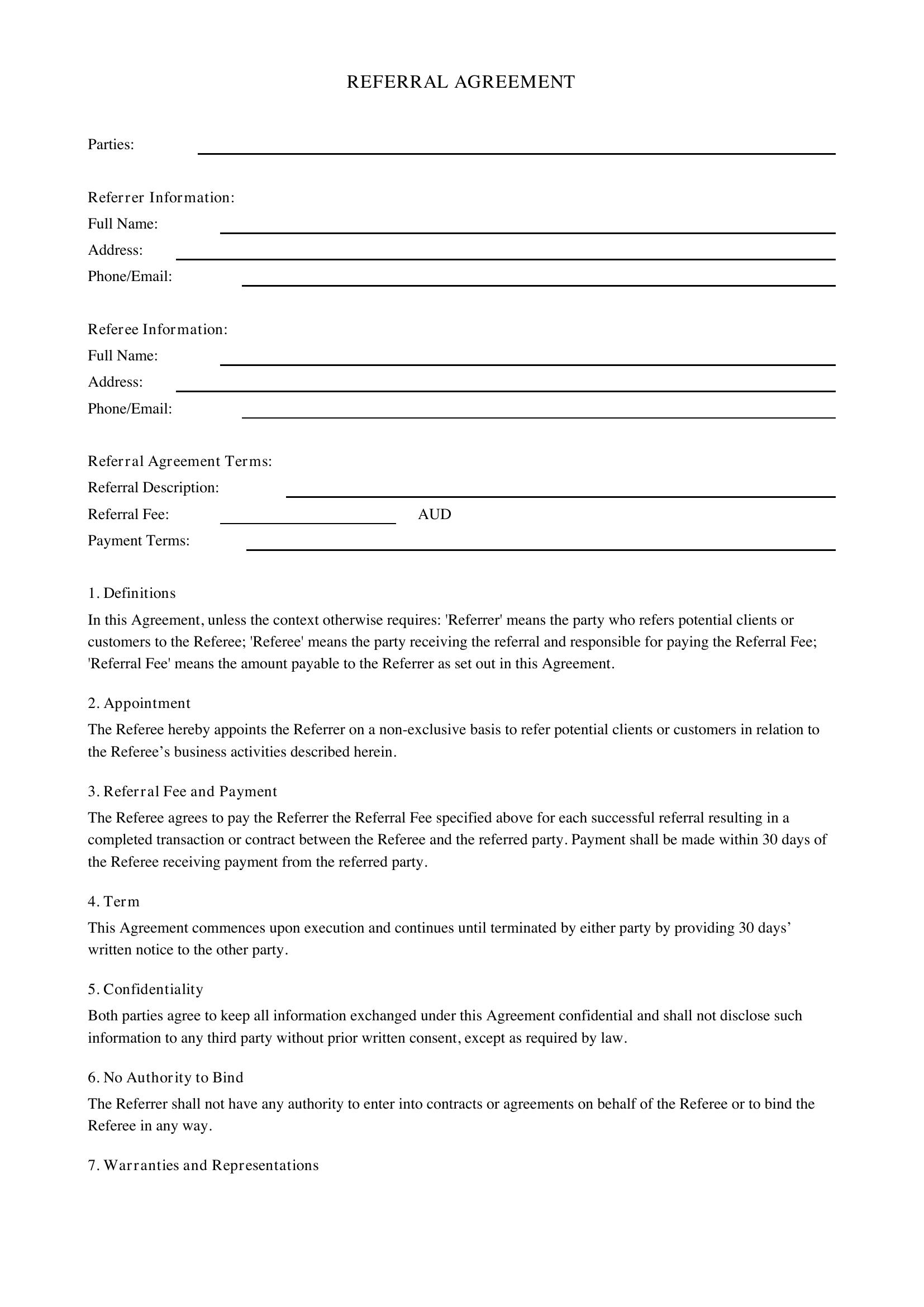 Referral Agreement Template - Australia