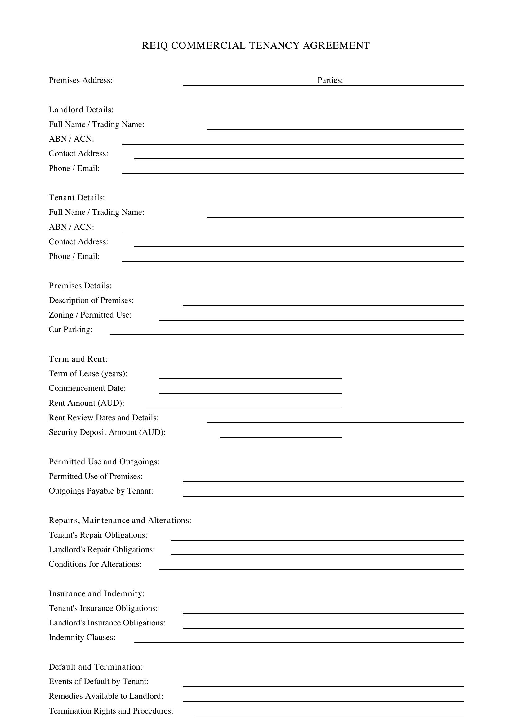 Reiq Commercial Tenancy Agreement Template - Australia