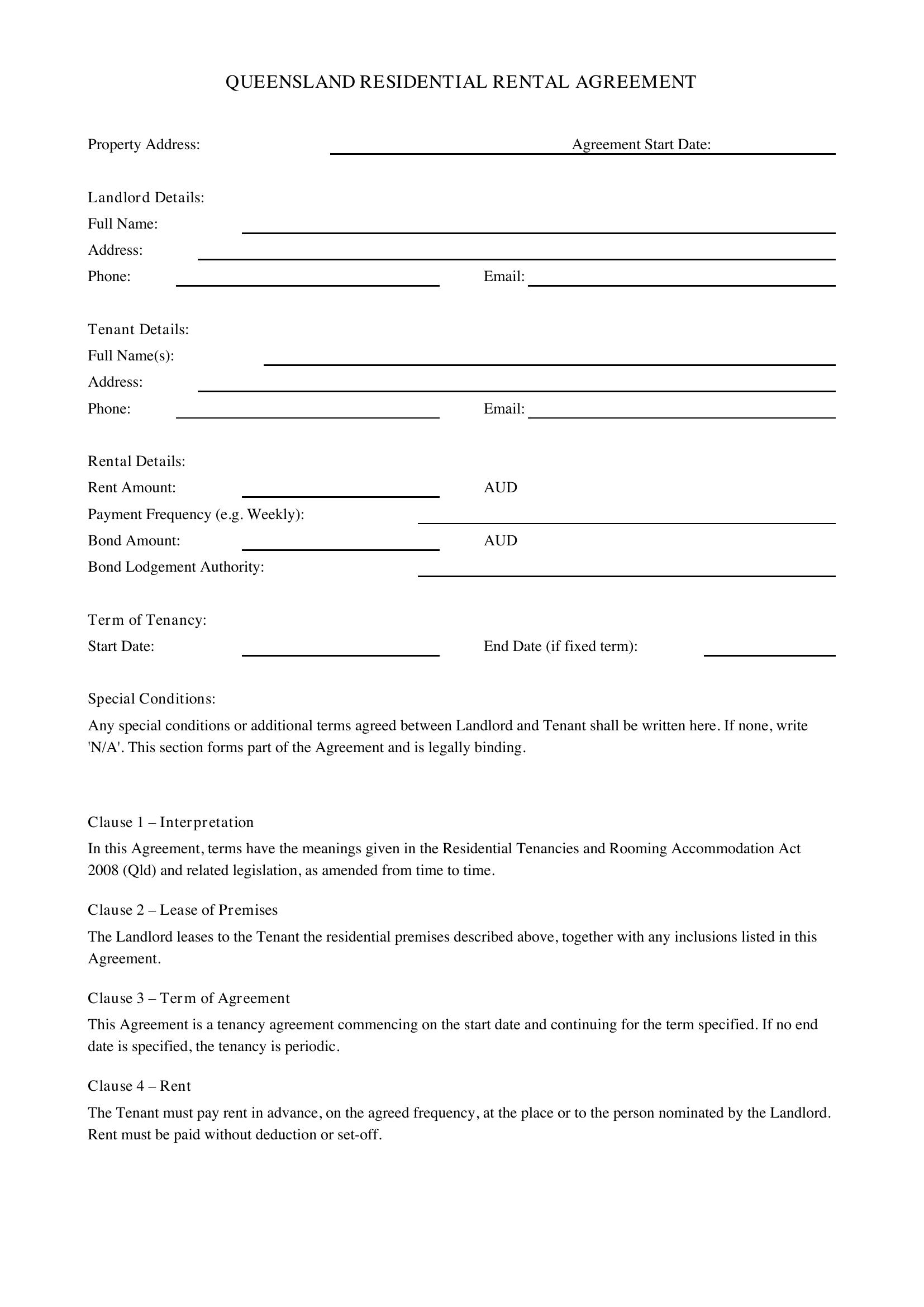 Rental Agreement Qld Template - Australia