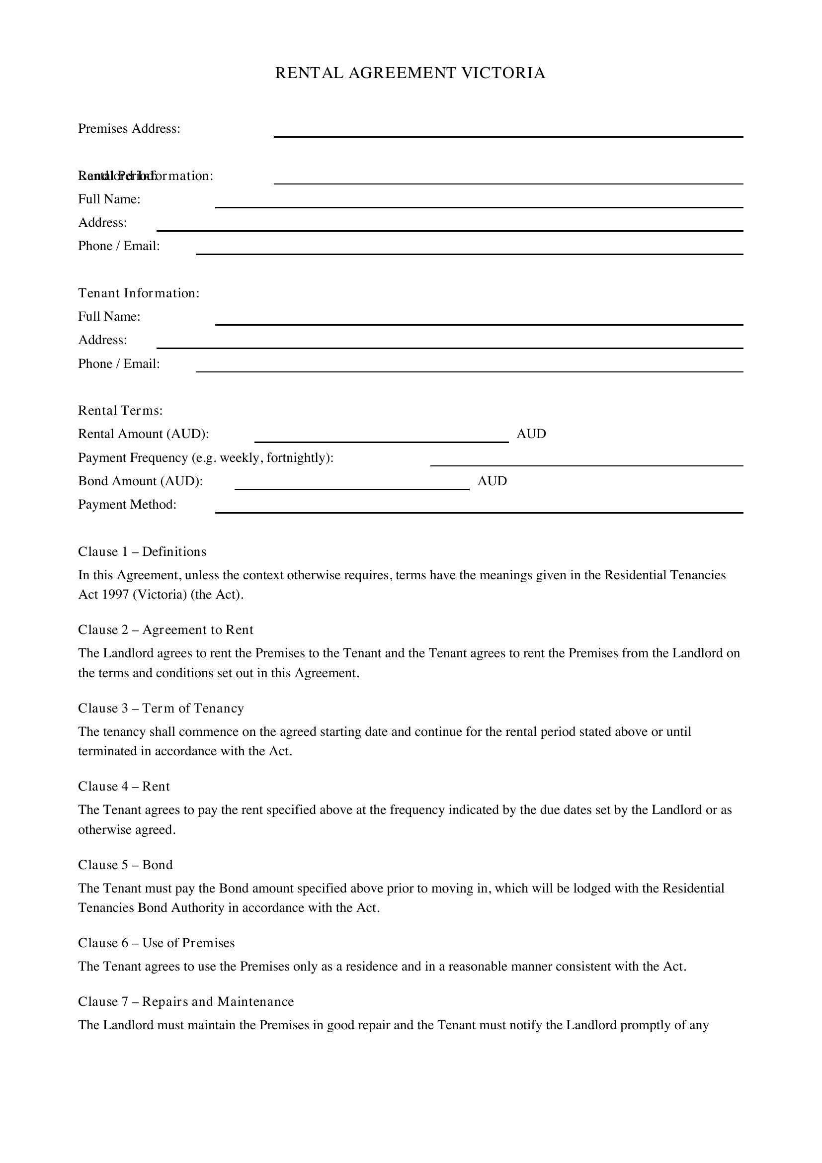 Rental Agreement Victoria Template - Australia