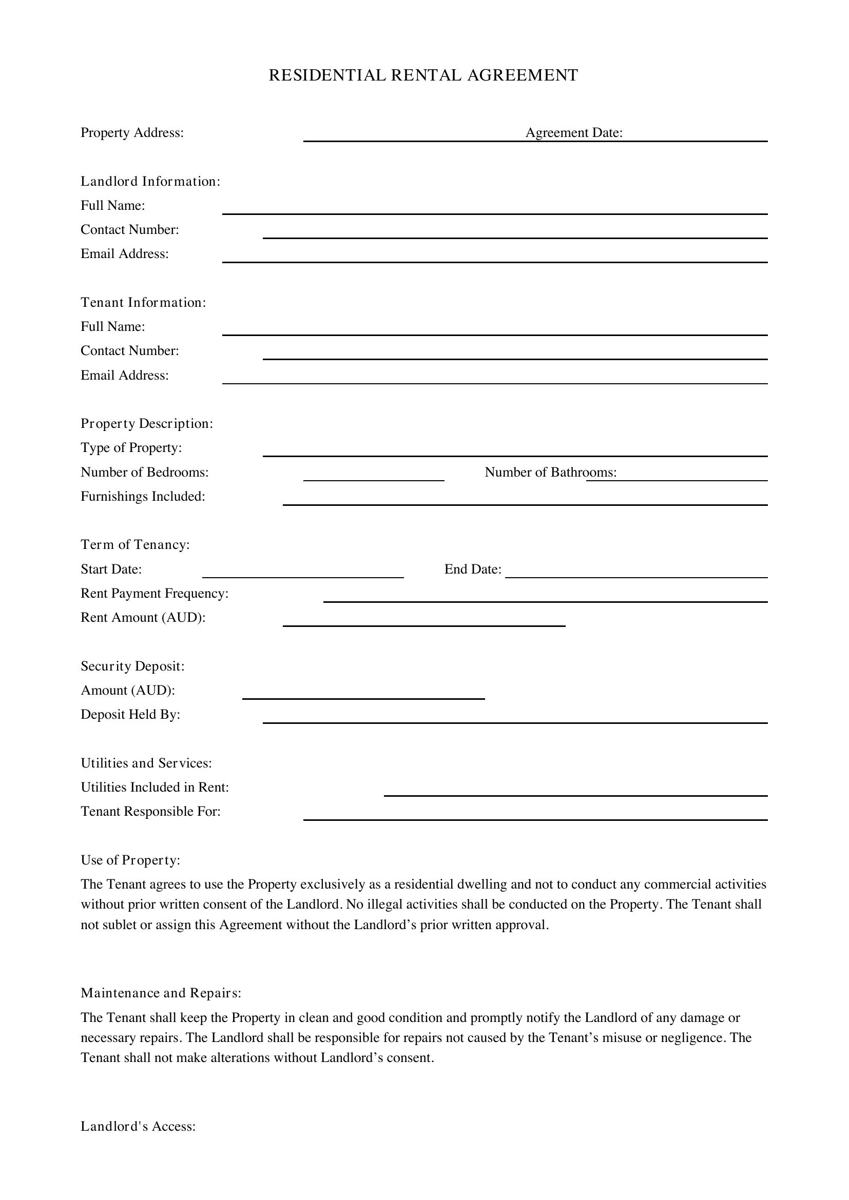 Rental Agreement Template - Australia