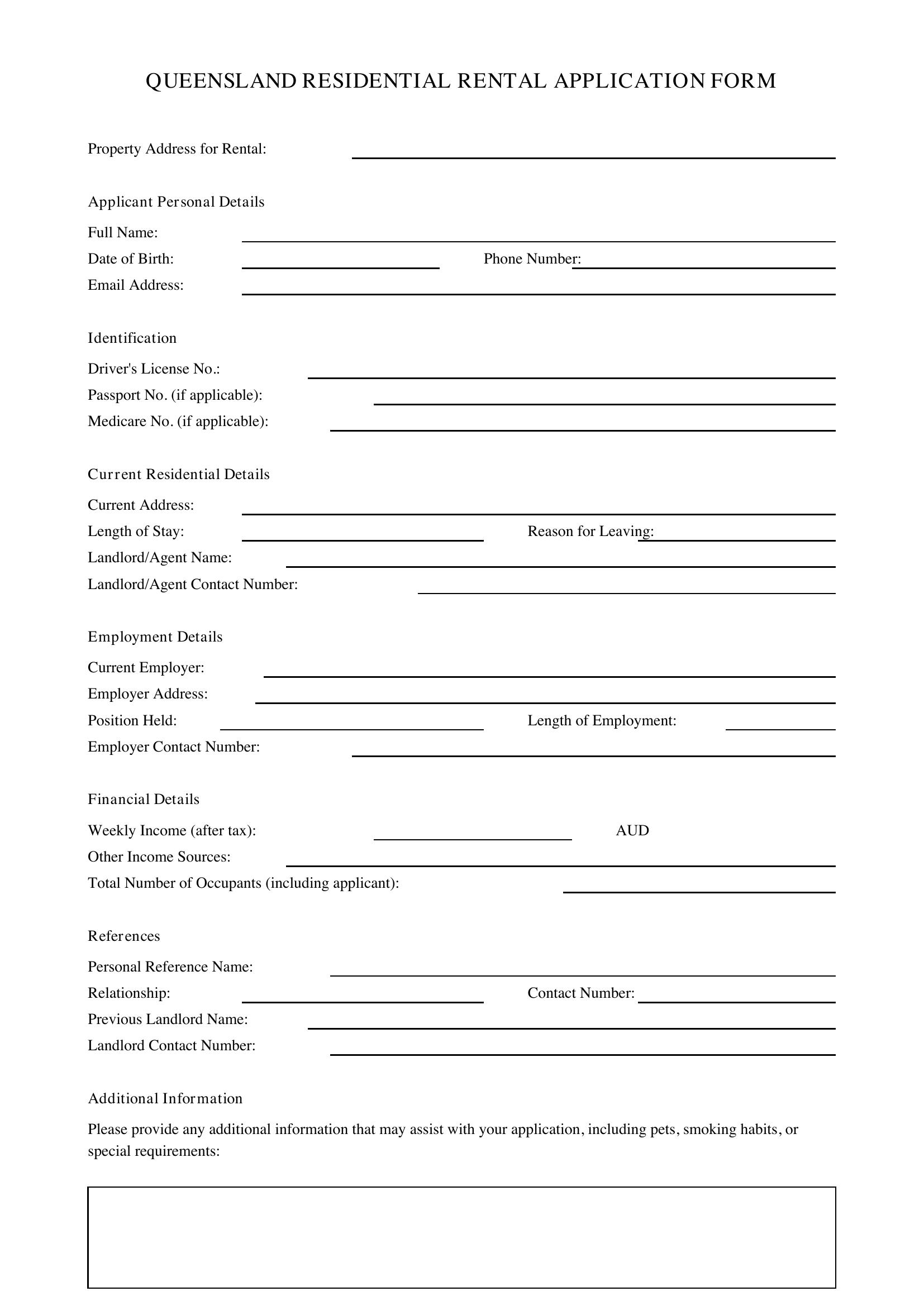 Rental Application Form Qld Template - Australia
