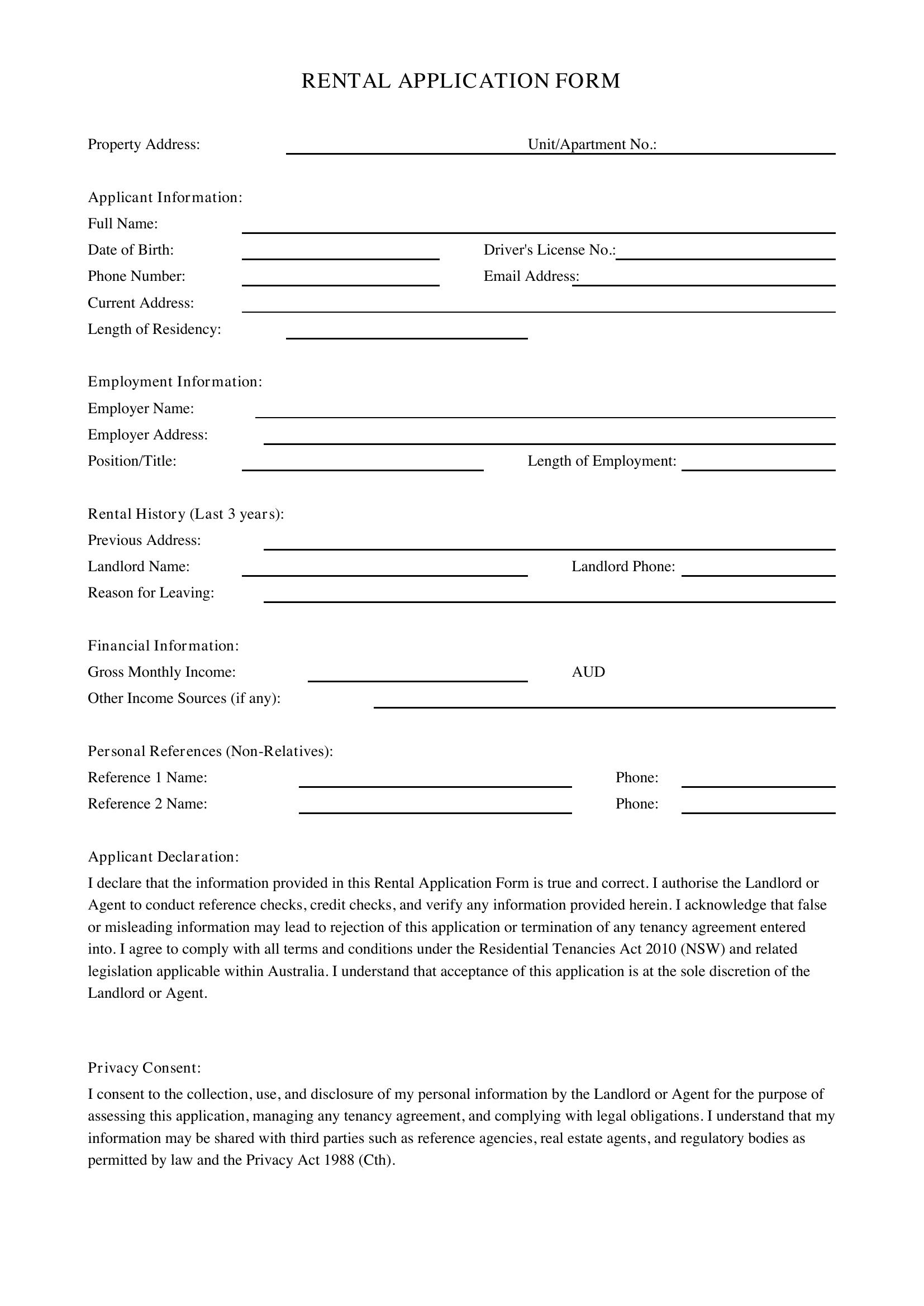 Rental Application Form Template - Australia