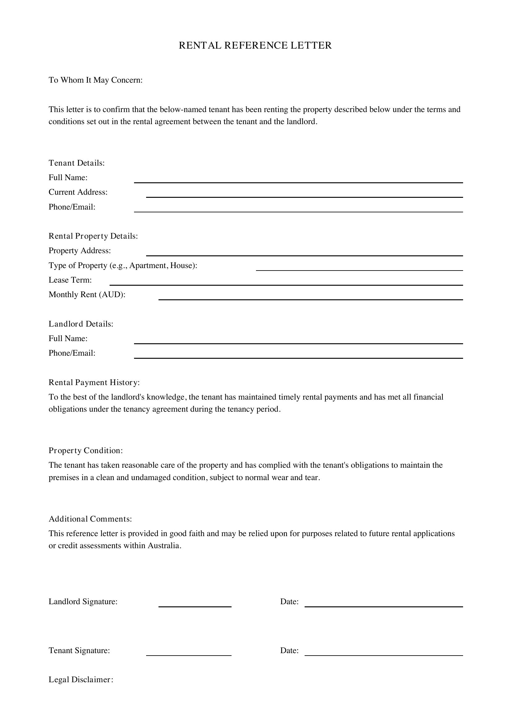 Rental Reference Letter Template - Australia