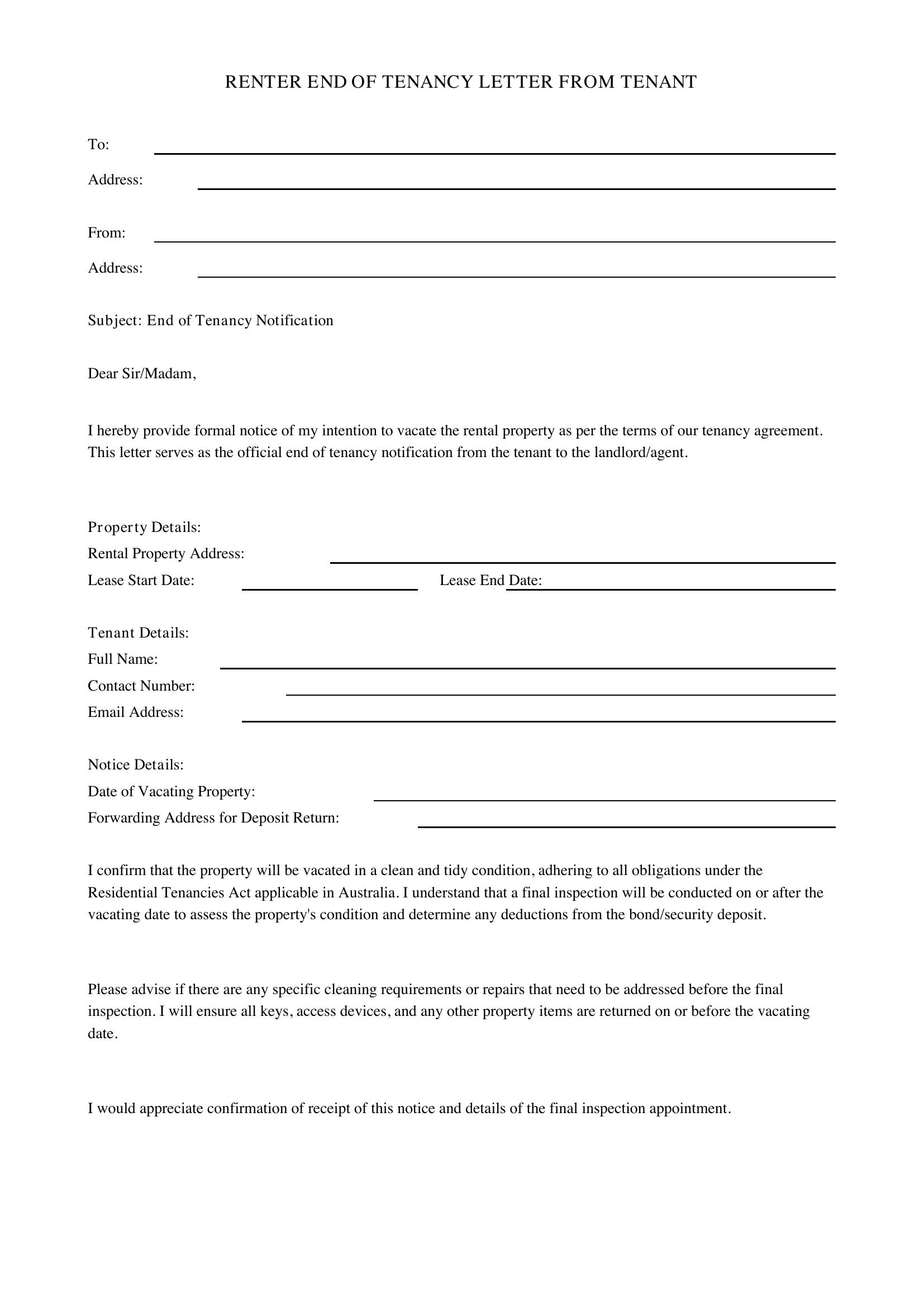 Renter End Of Tenancy Letter From Tenant Template - Australia