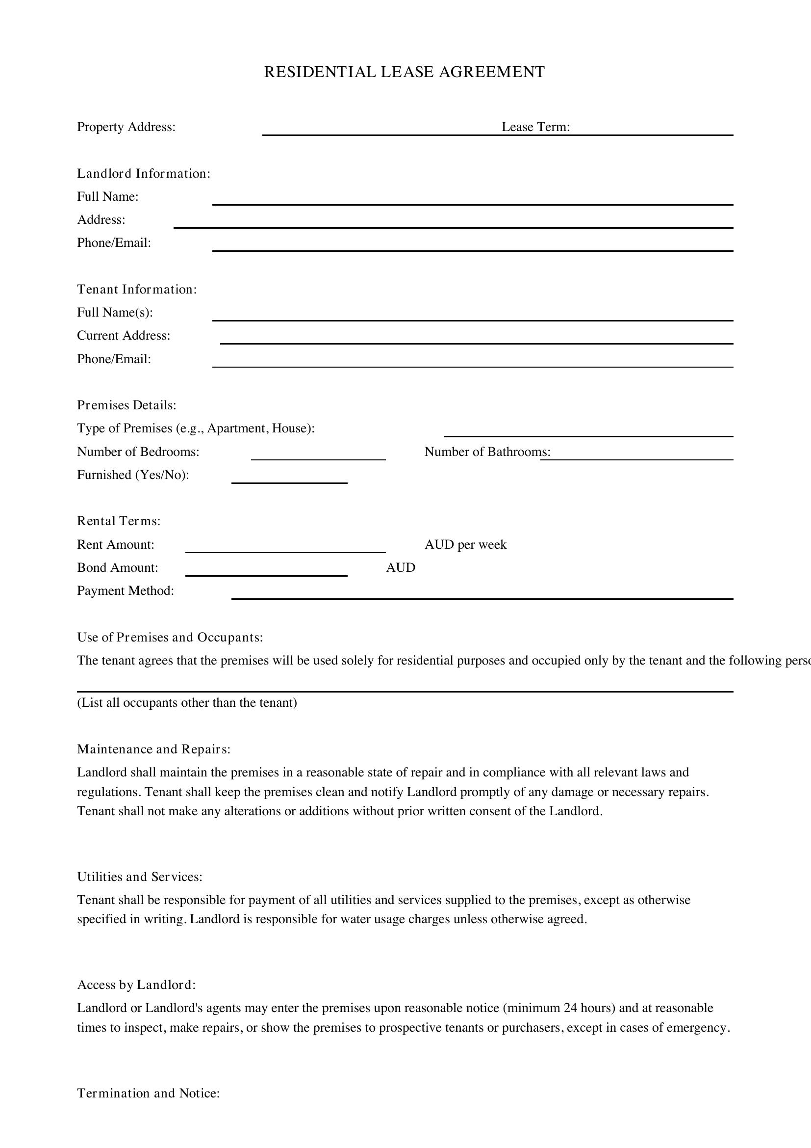 Residential Lease Agreement Template - Australia
