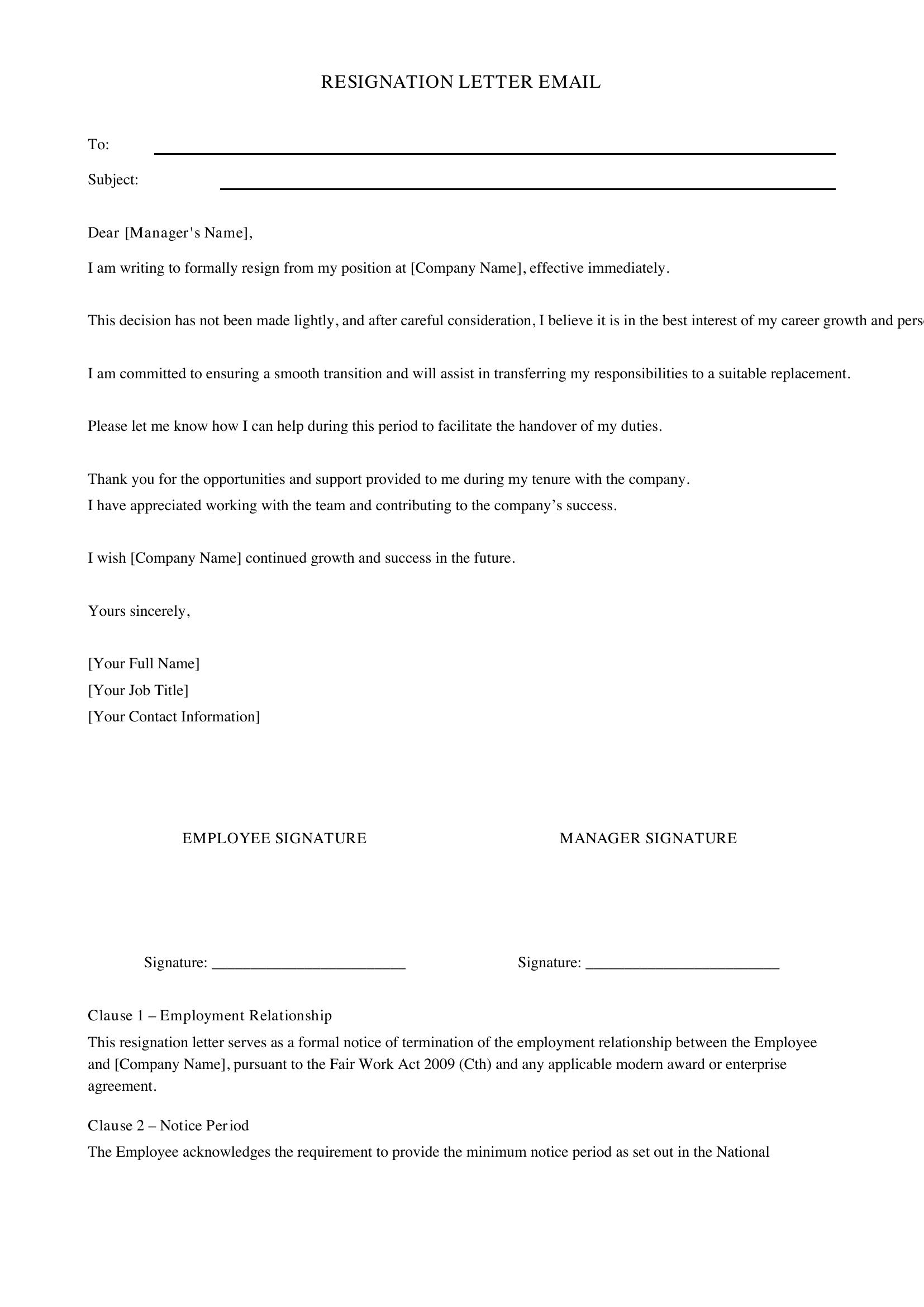 Resignation Letter Email Template - Australia
