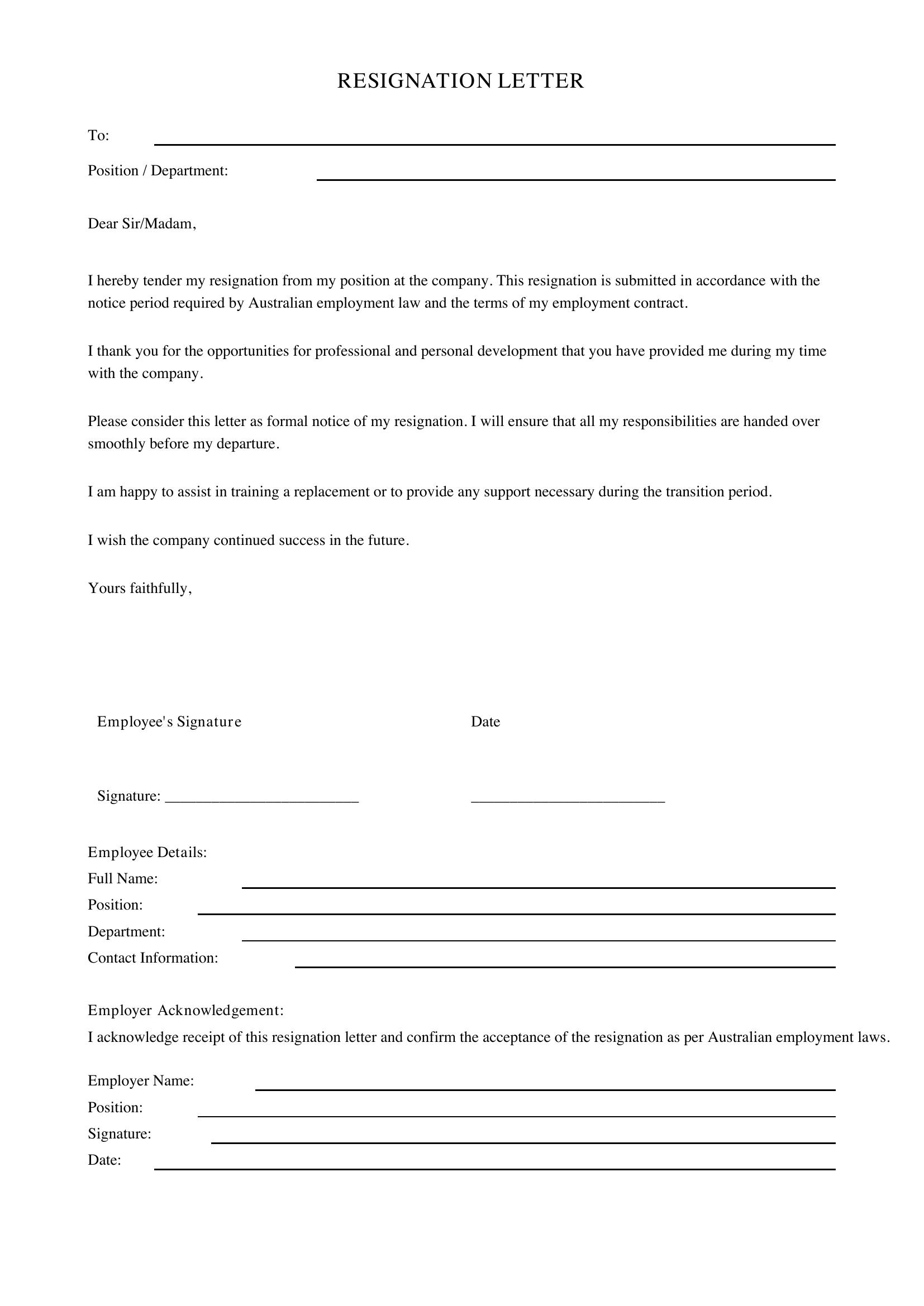 Resignation Letter Simple Template - Australia
