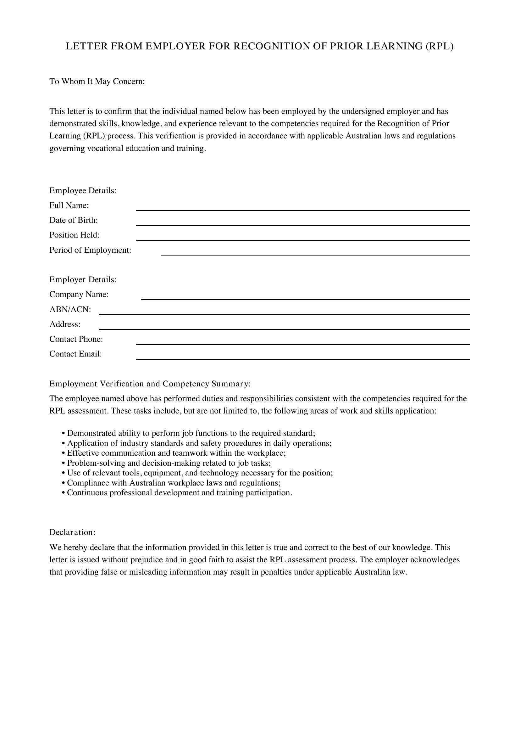 Rpl Letter From Employer Template - Australia