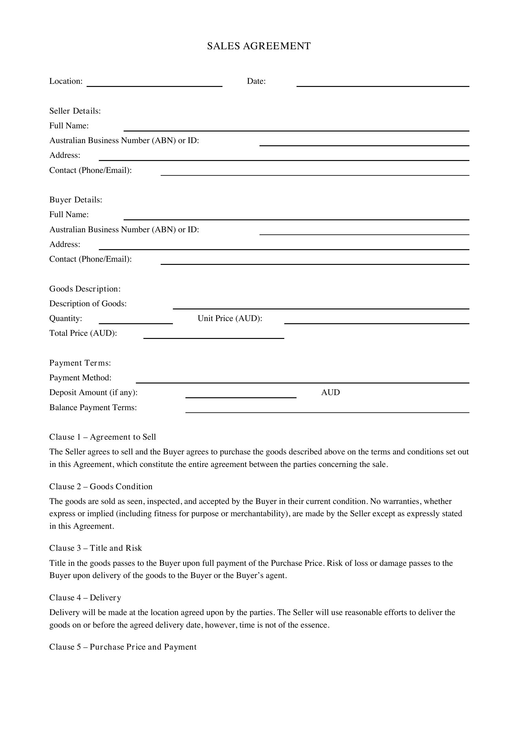 Sales Agreement Template - Australia