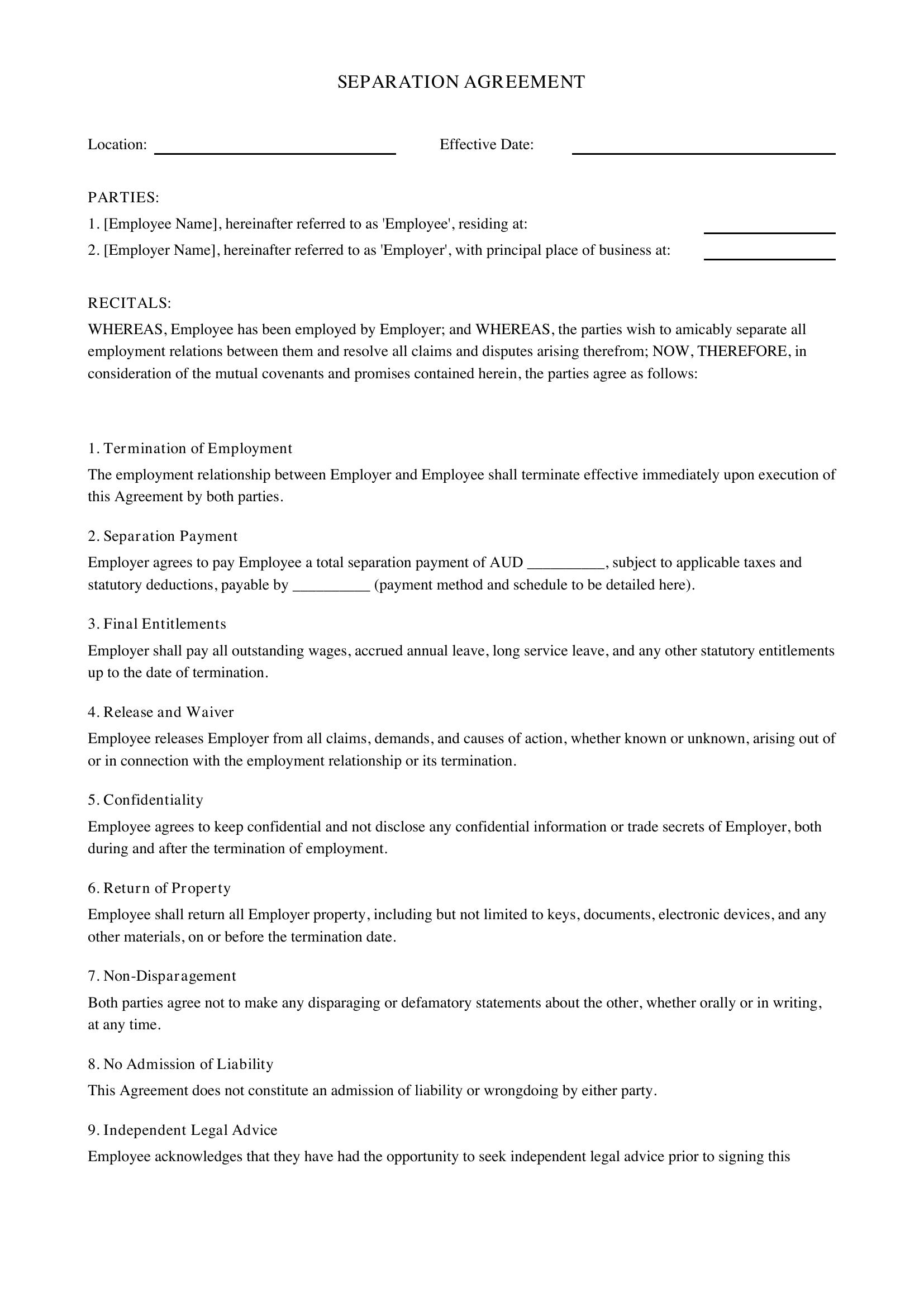 Separation Agreement Template - Australia