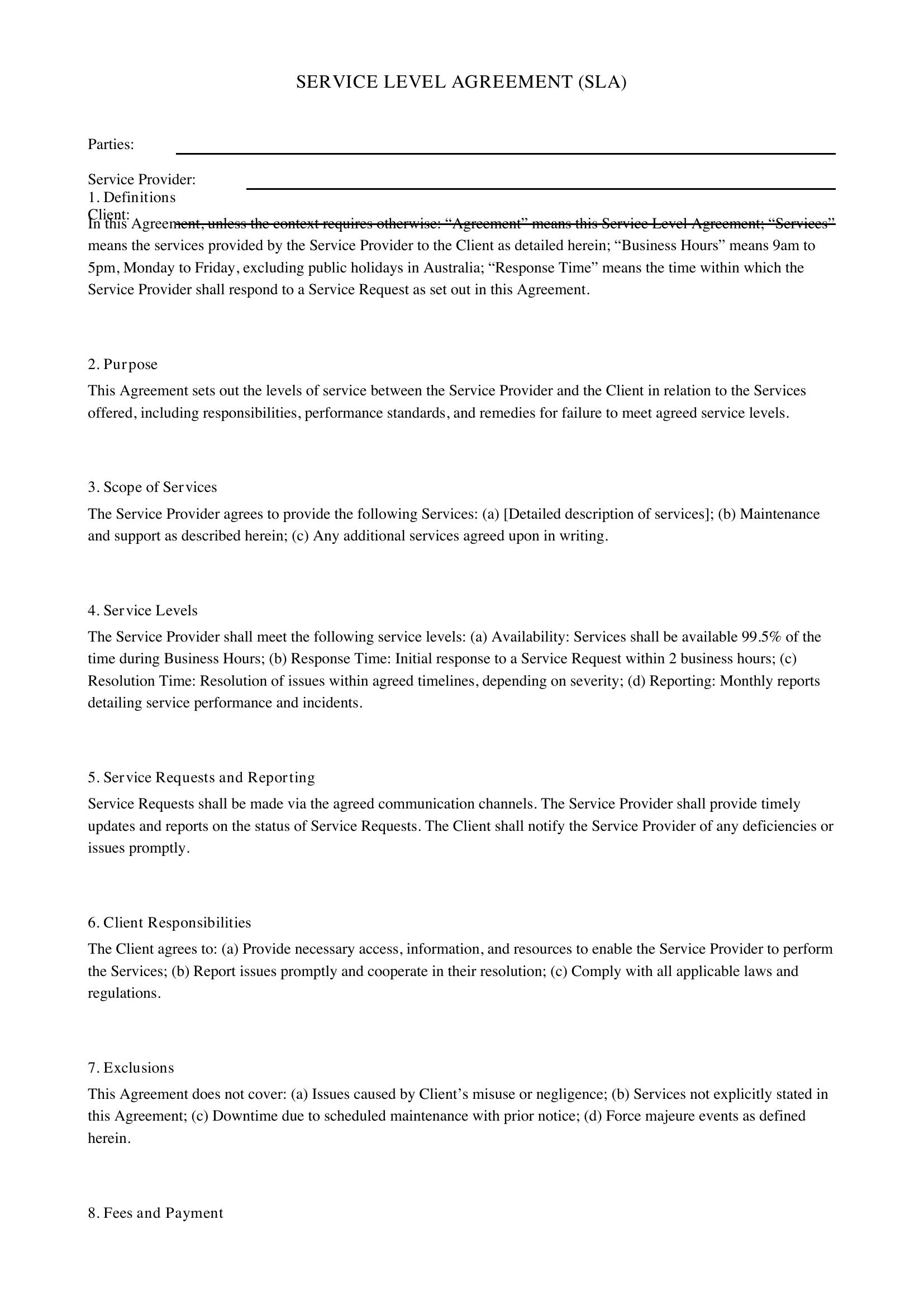 Service Level Agreement Template - Australia