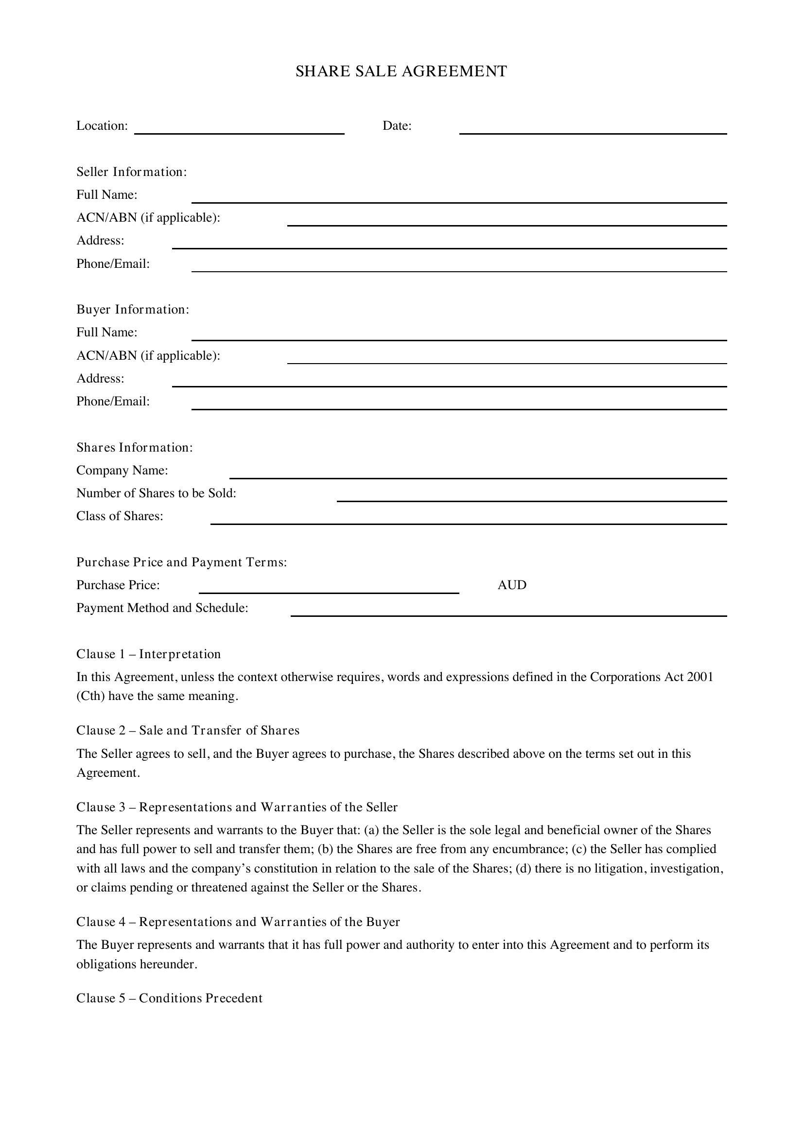 Share Sale Agreement Template - Australia