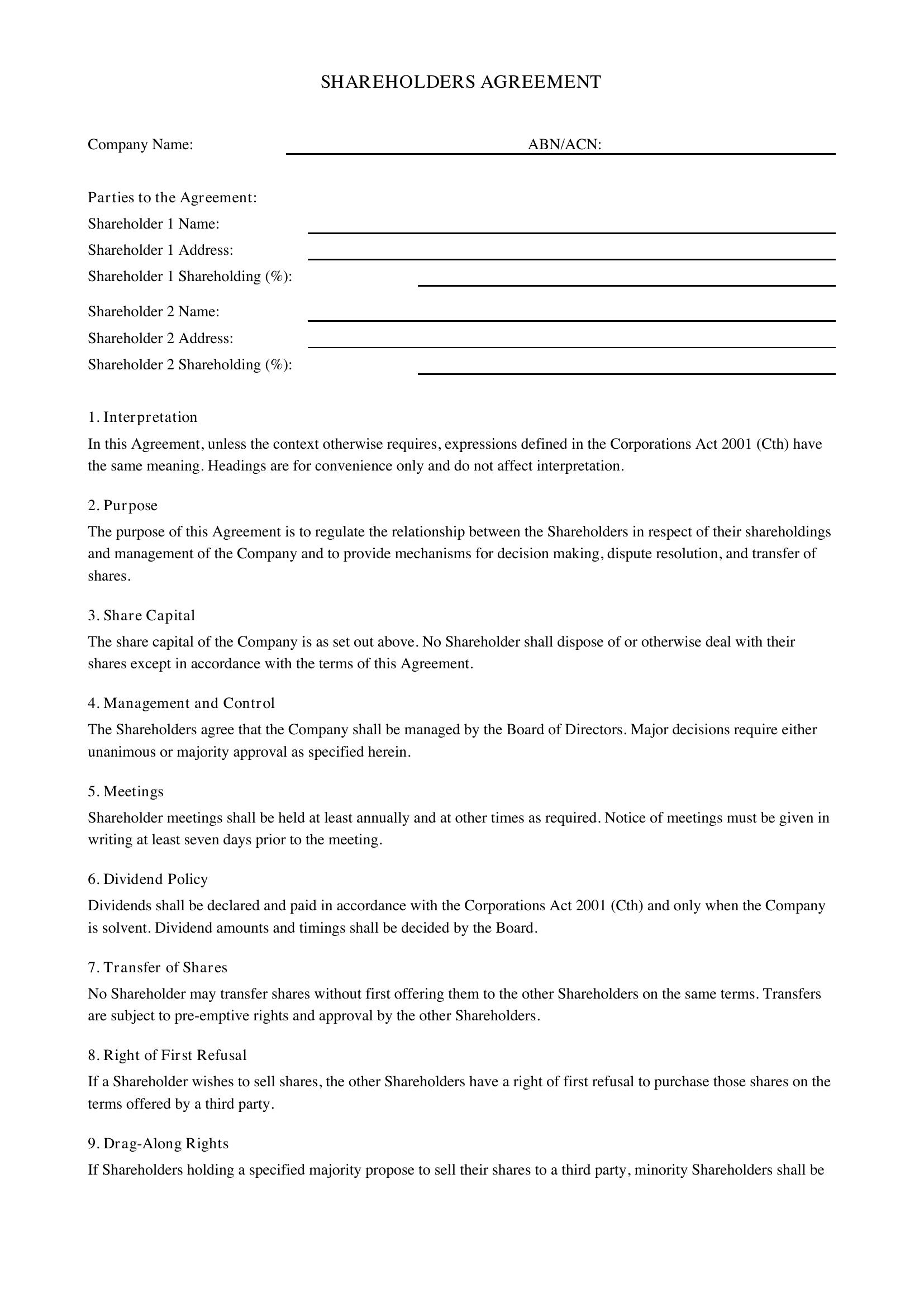 Shareholders Agreement Template - Australia