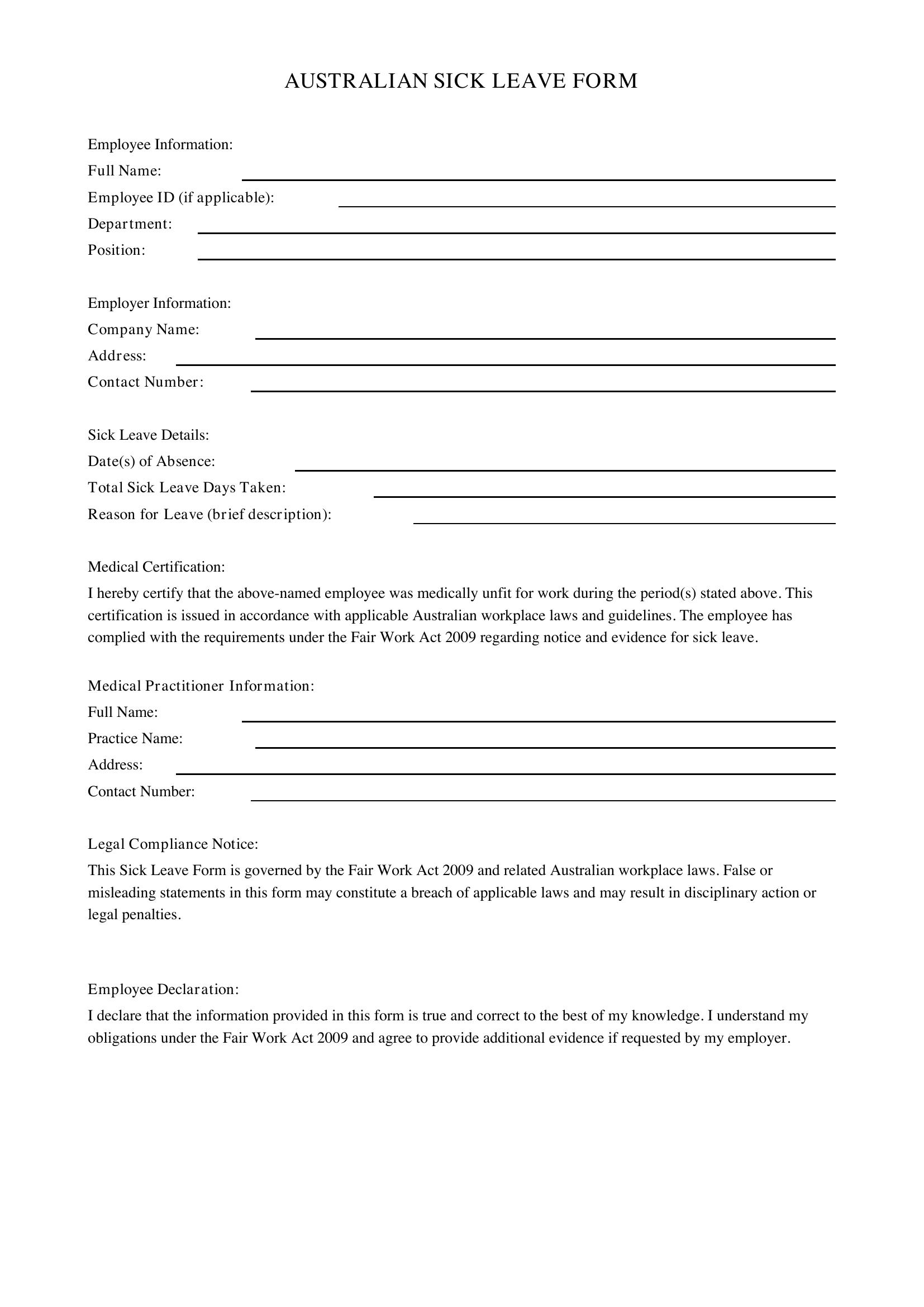 Sick Leave Form Template - Australia