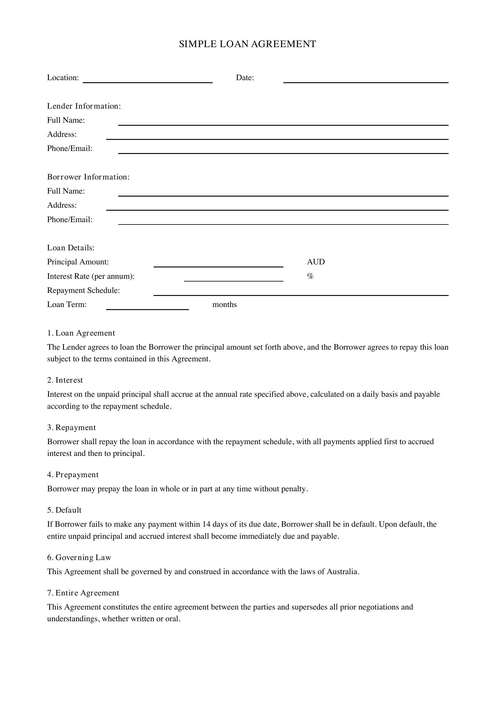 Simple Loan Agreement Template - Australia