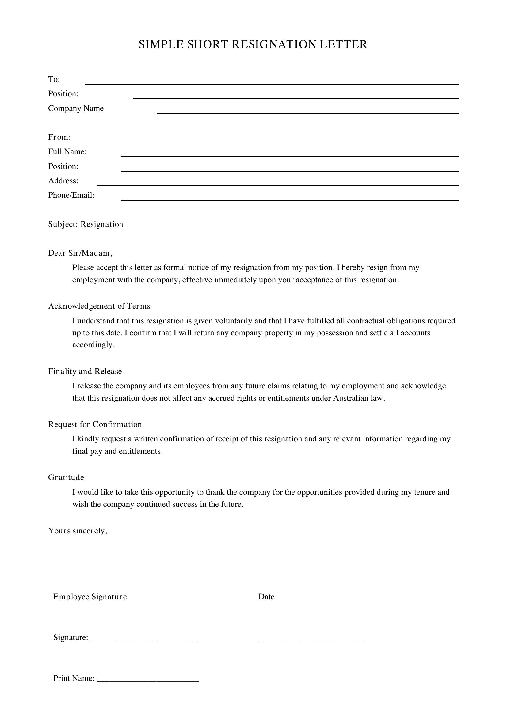 Simple Short Resignation Letter Template - Australia