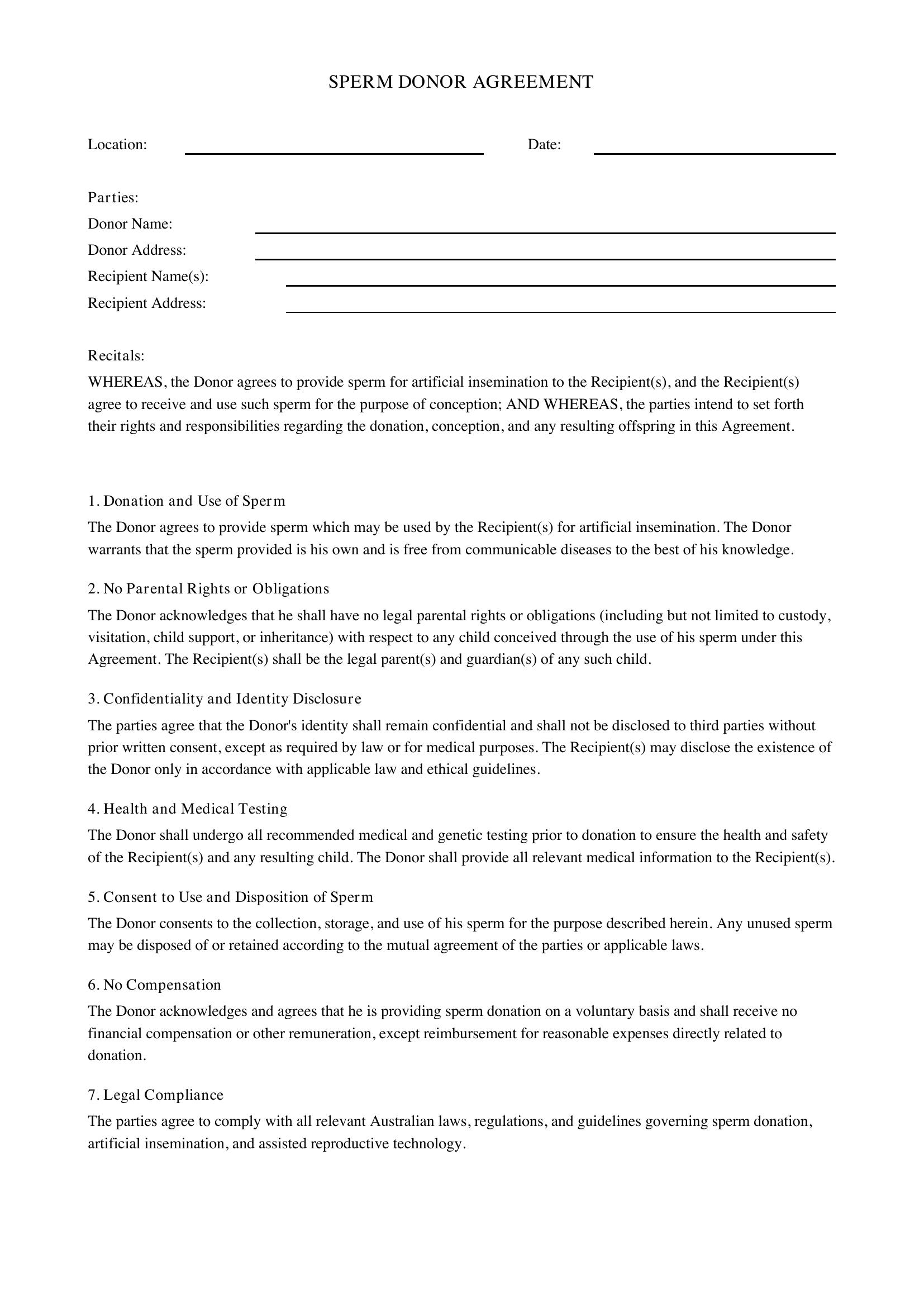 Sperm Donor Agreement Template - Australia