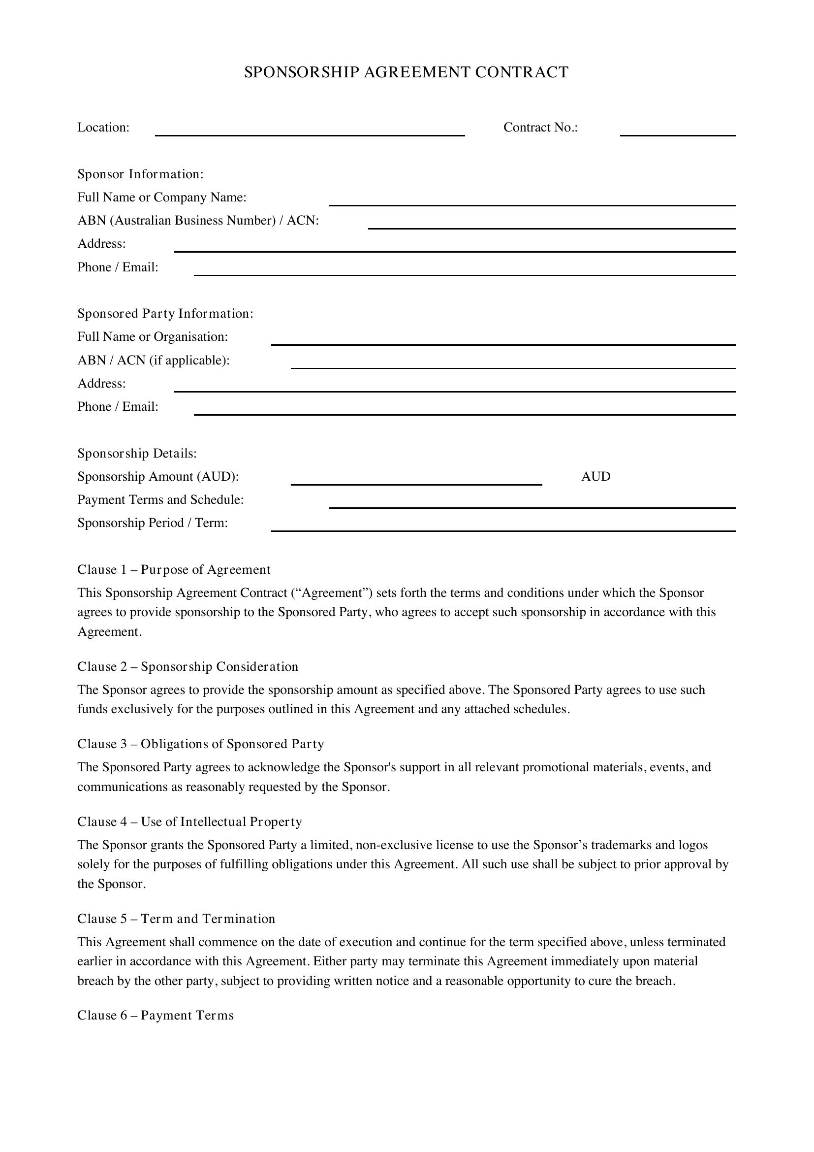Sponsorship Contract Template - Australia