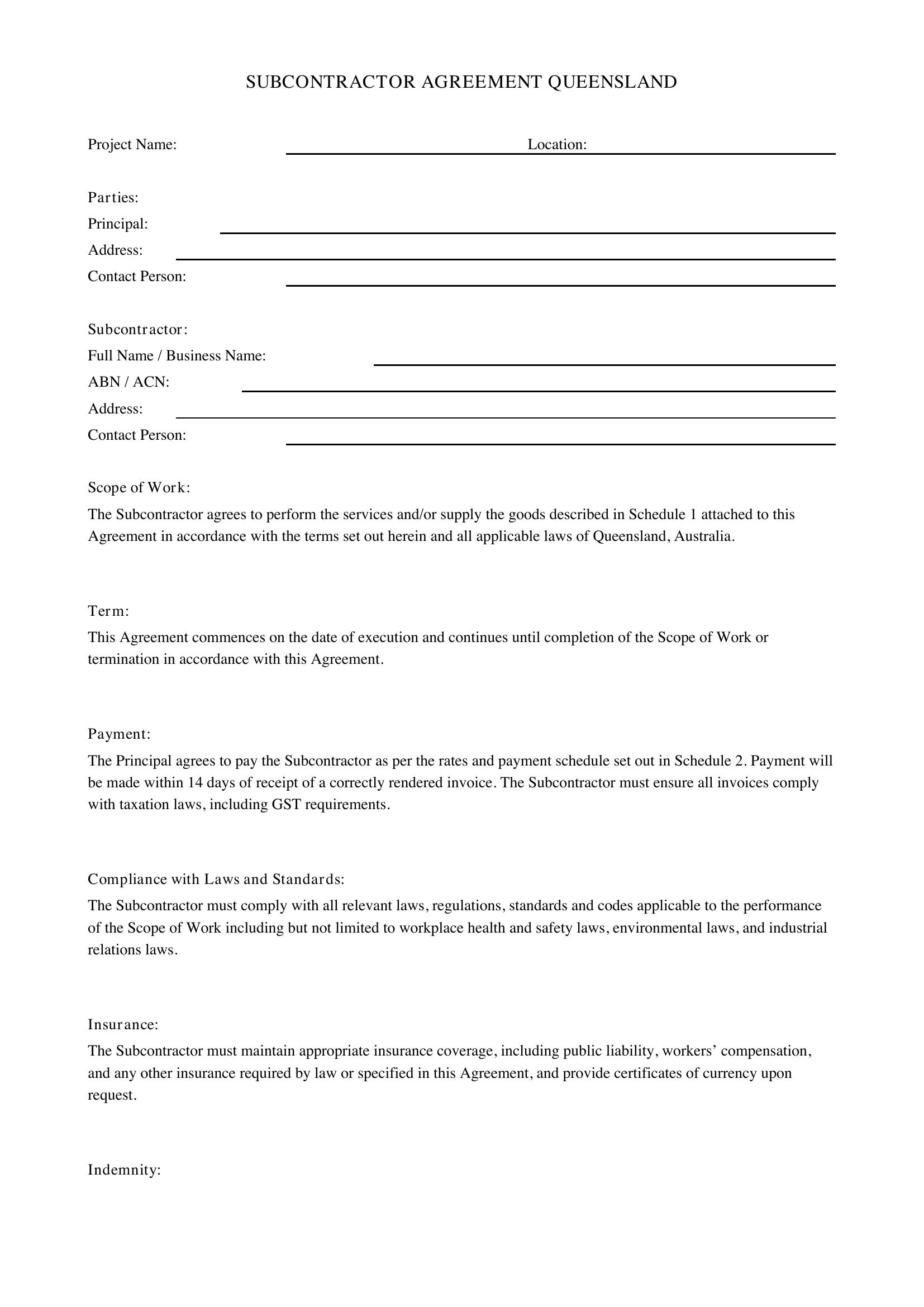 Subcontractor Agreement Qld Template - Australia