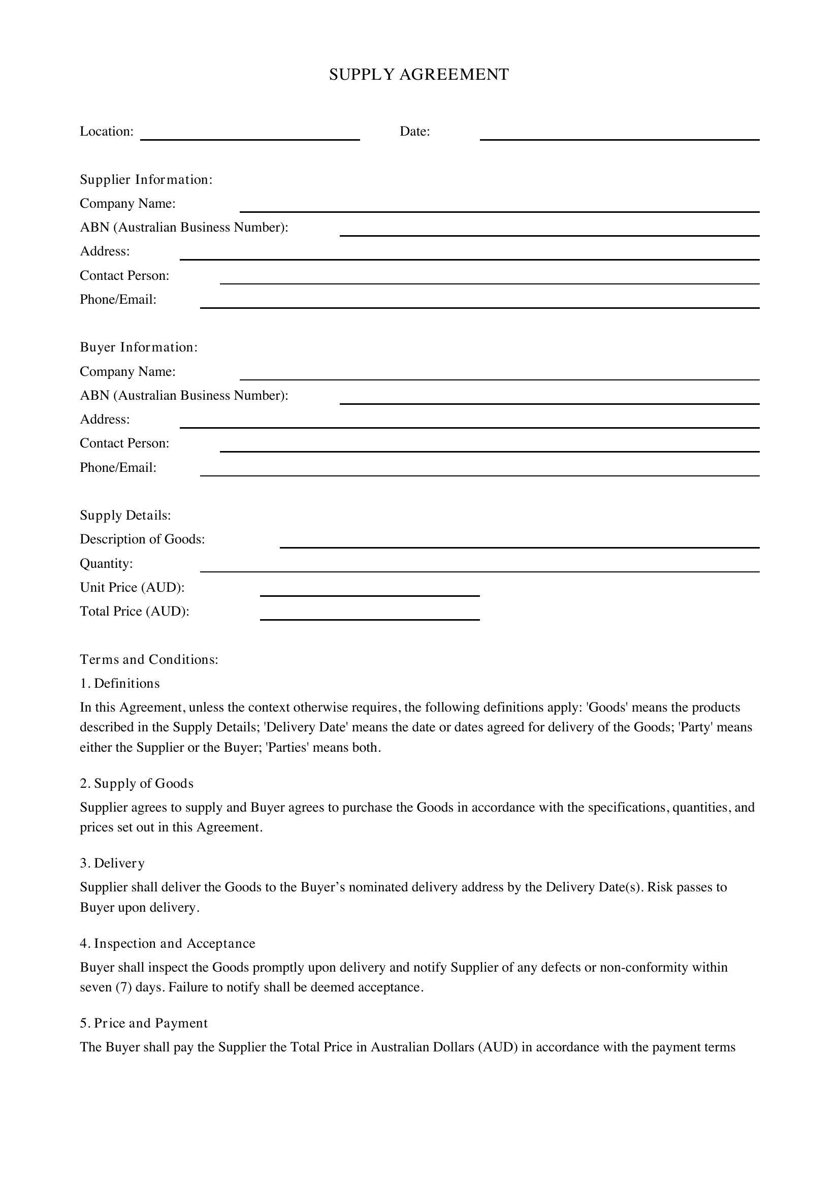 Supply Agreement Template - Australia