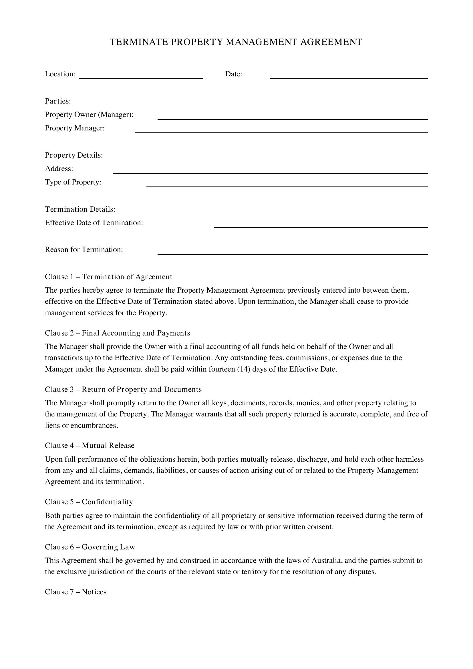 Terminate Property Management Agreement Template - Australia