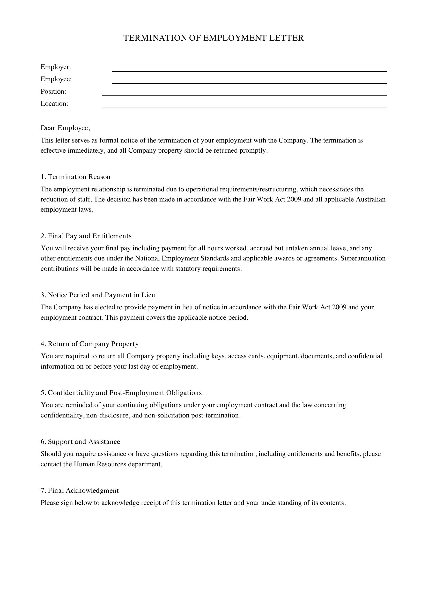 Termination Of Employment Letter Template - Australia