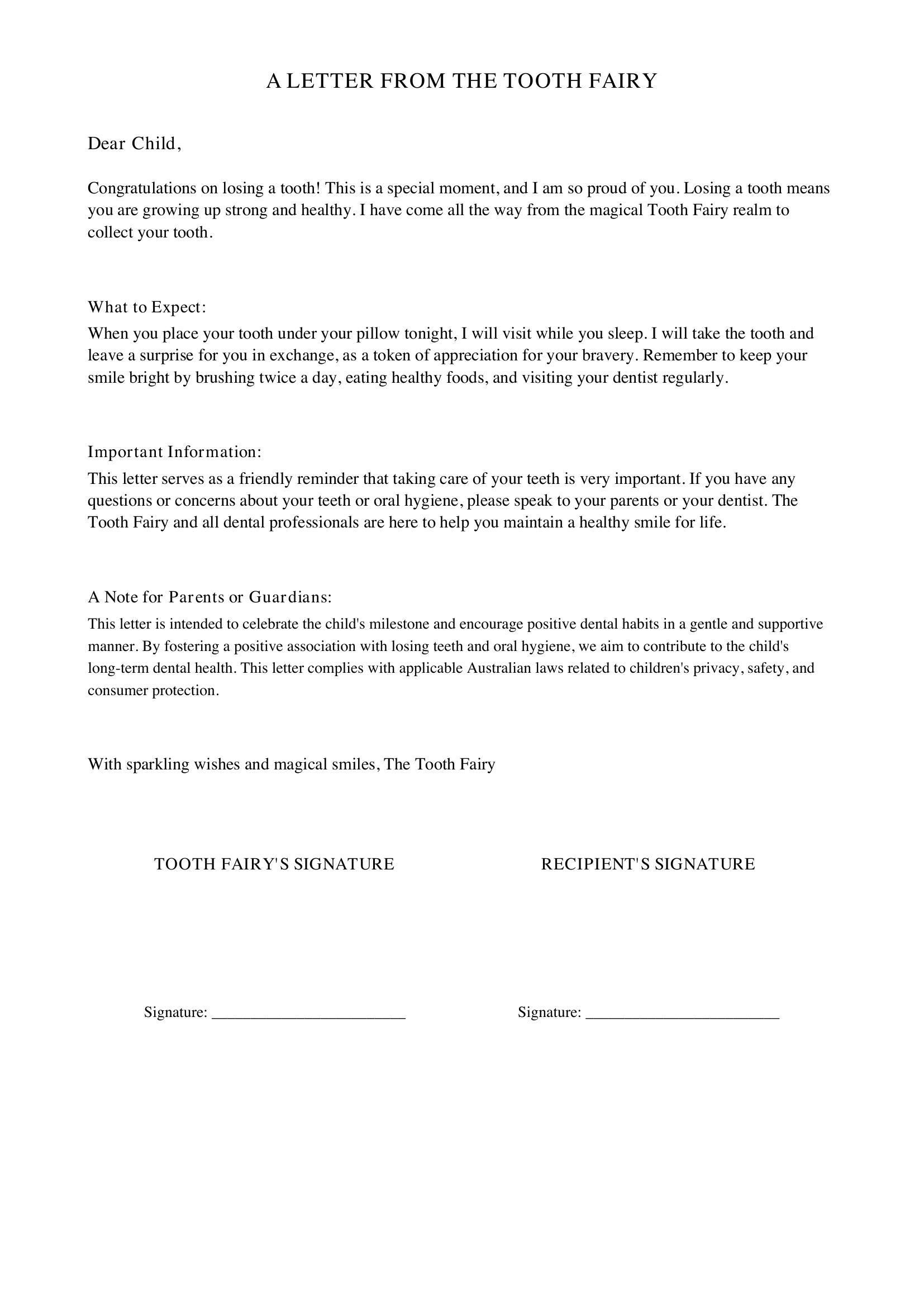 Tooth Fairy Letter Template - Australia
