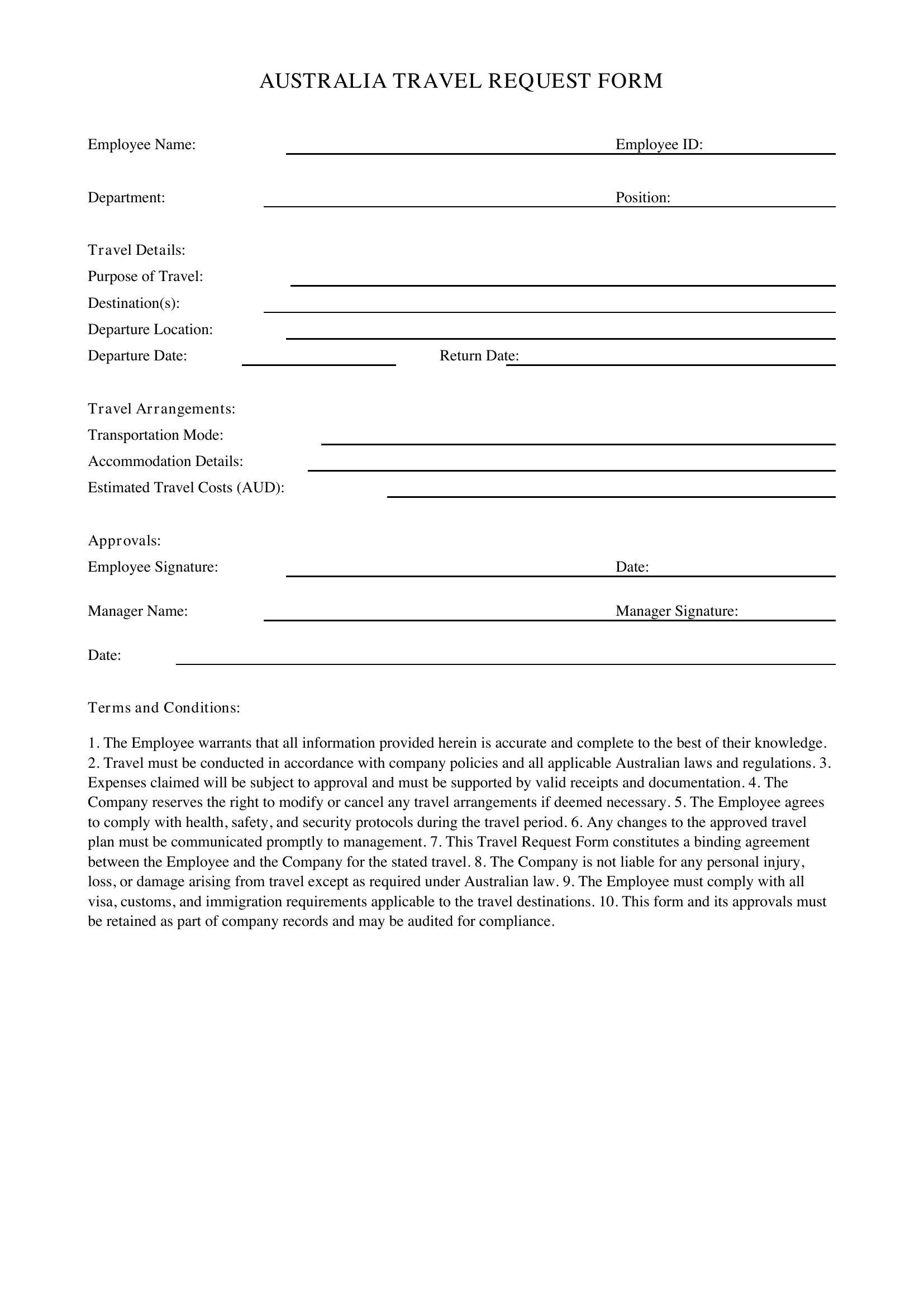 Travel Request Form Template - Australia