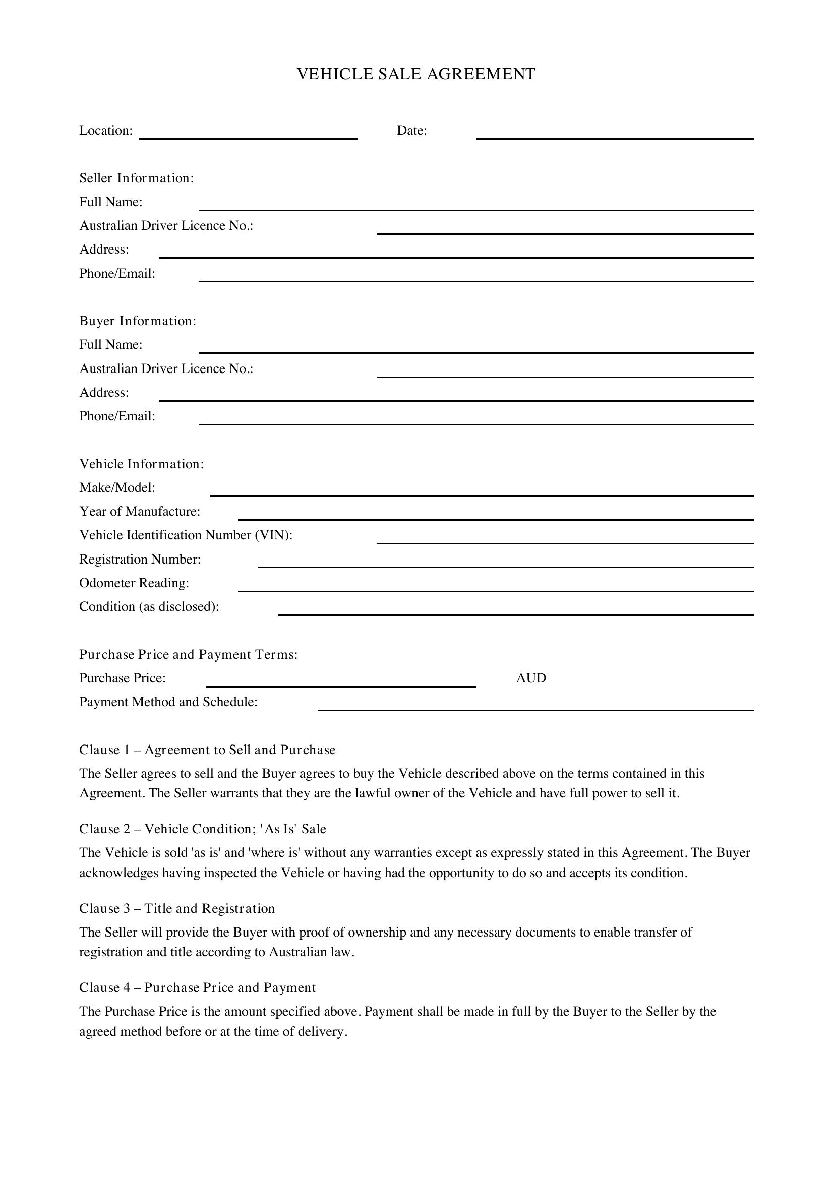 Vehicle Sale Agreement Template - Australia